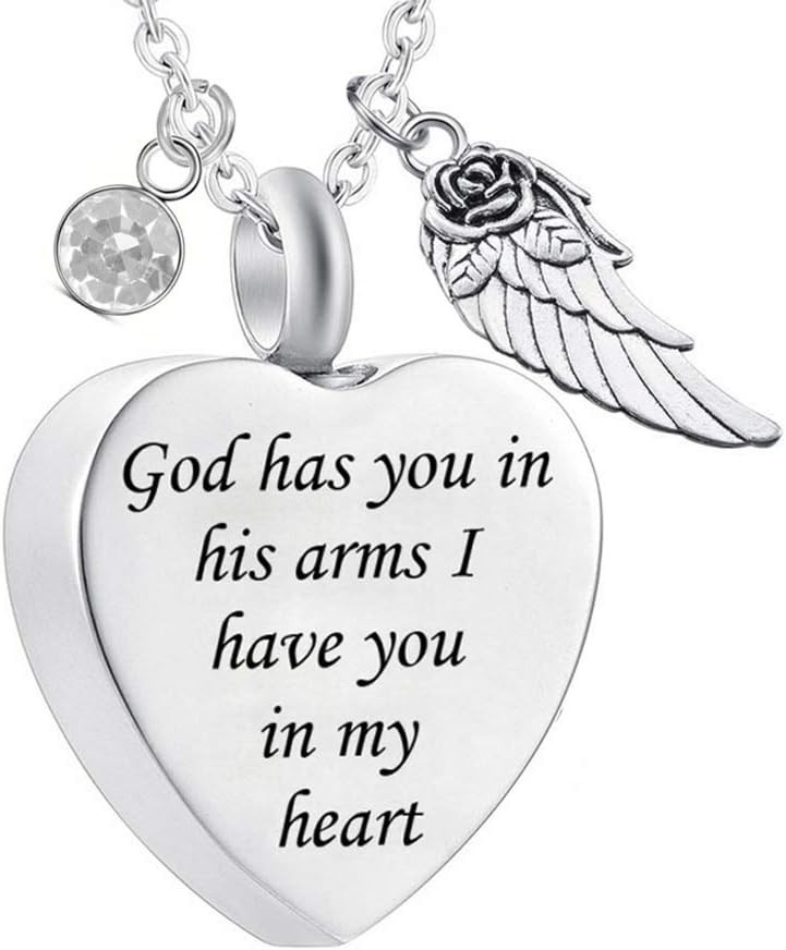 Angel Wing Charm Cremation Ashes Necklace – Heart Pearl & Birthstone Keepsake