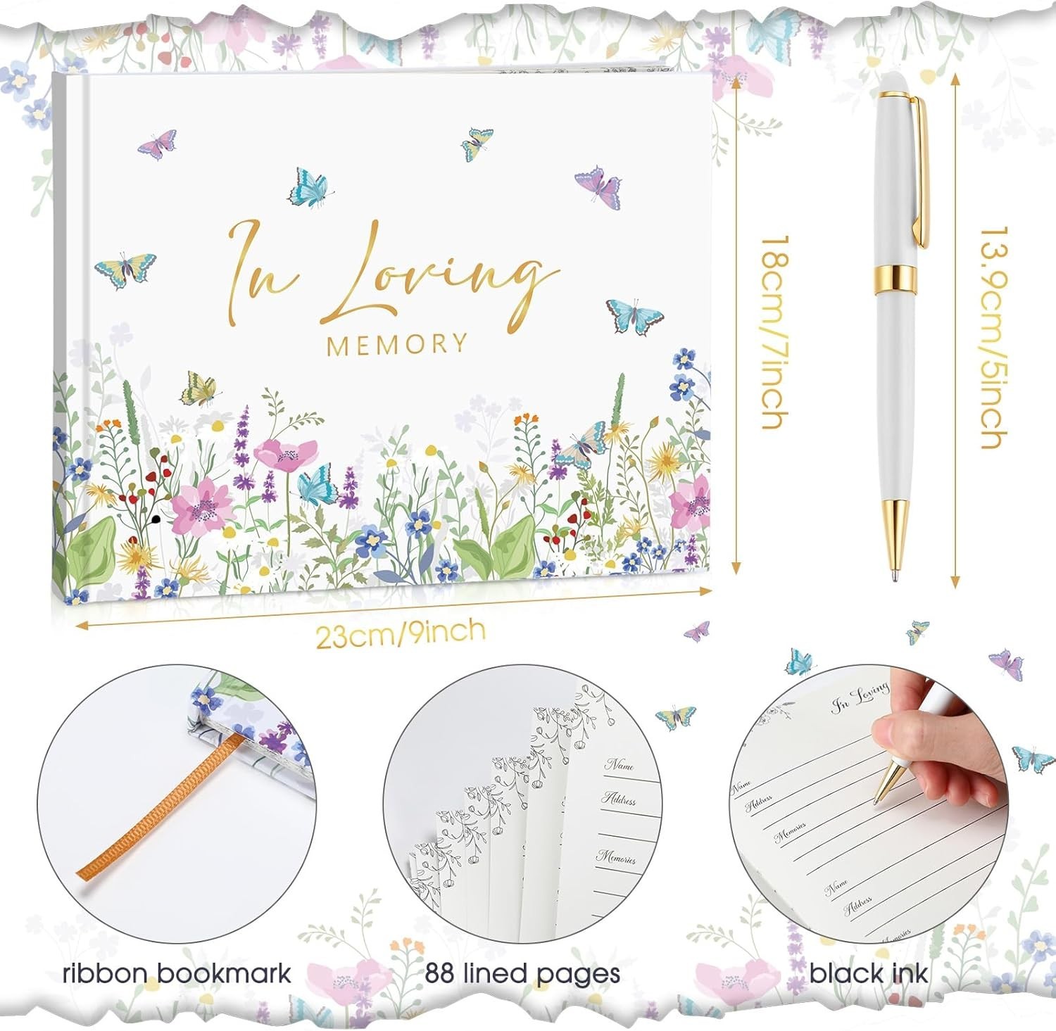 Funeral Guest Book for Memorial Service Celebration of Life Sign in Pen Included