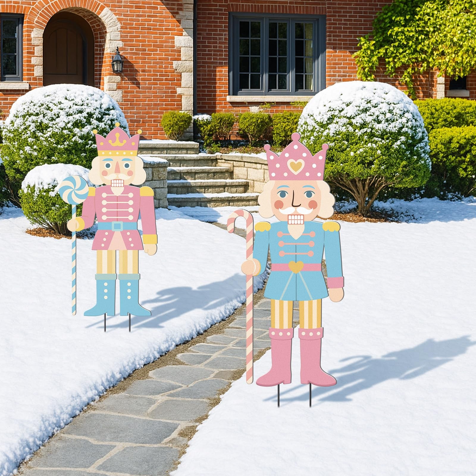 2 Pcs Pastel Christmas Nutcracker Yard Stake Candy Cane Metal 3D Outdoor Chri…