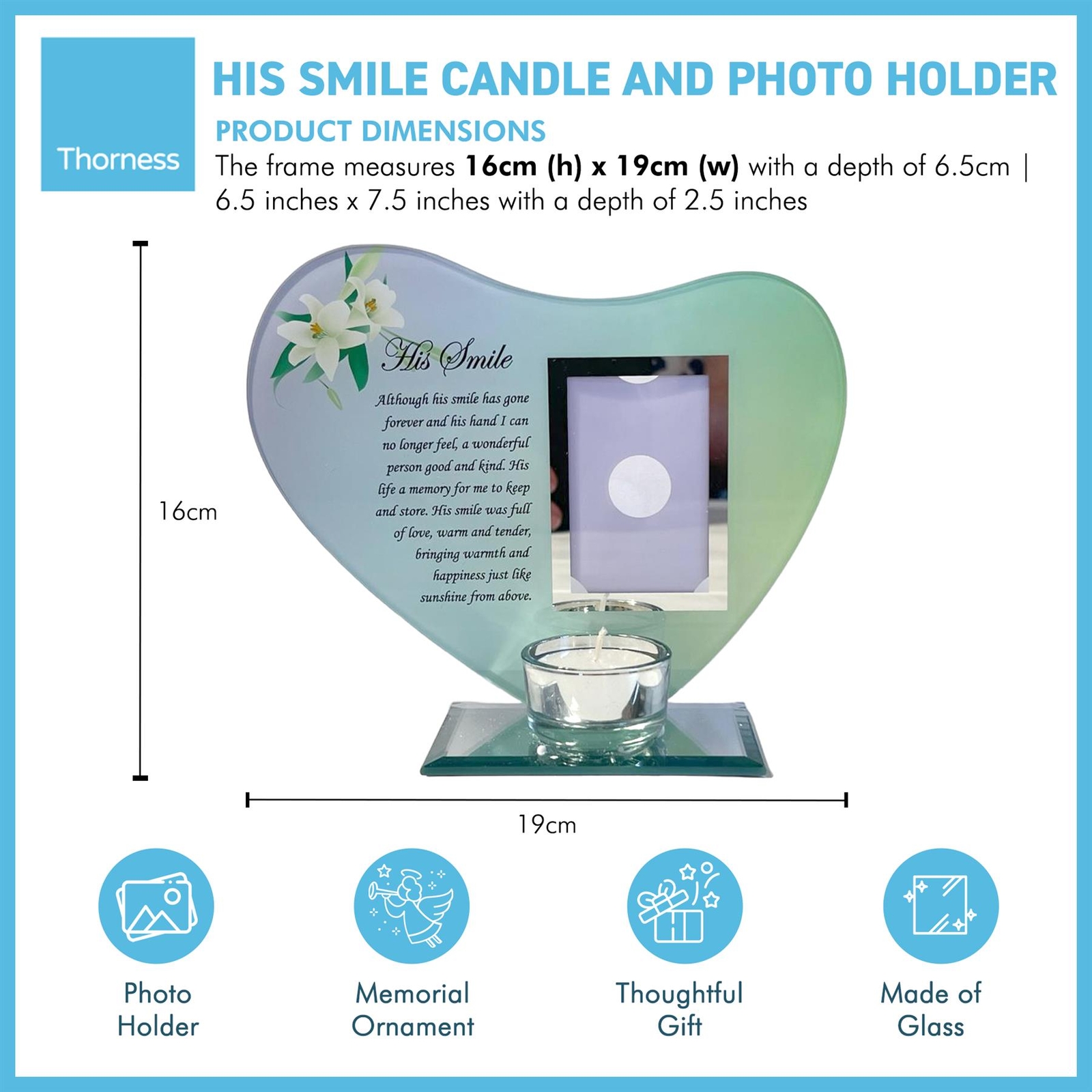 HIS SMILE glass memorial candle holder and photo frame