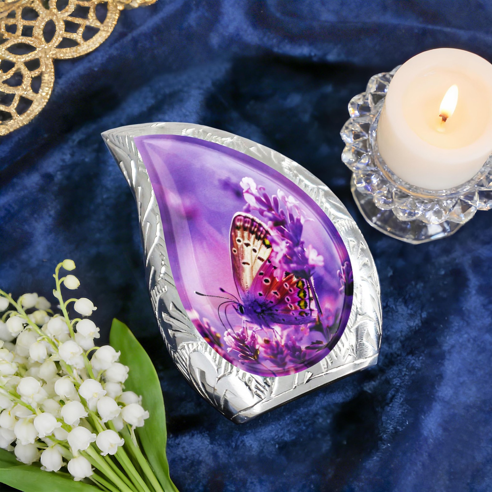 Small Urns for Human Ashes 3″ H Brass Teardrop Purple Butterfly – Keepsake