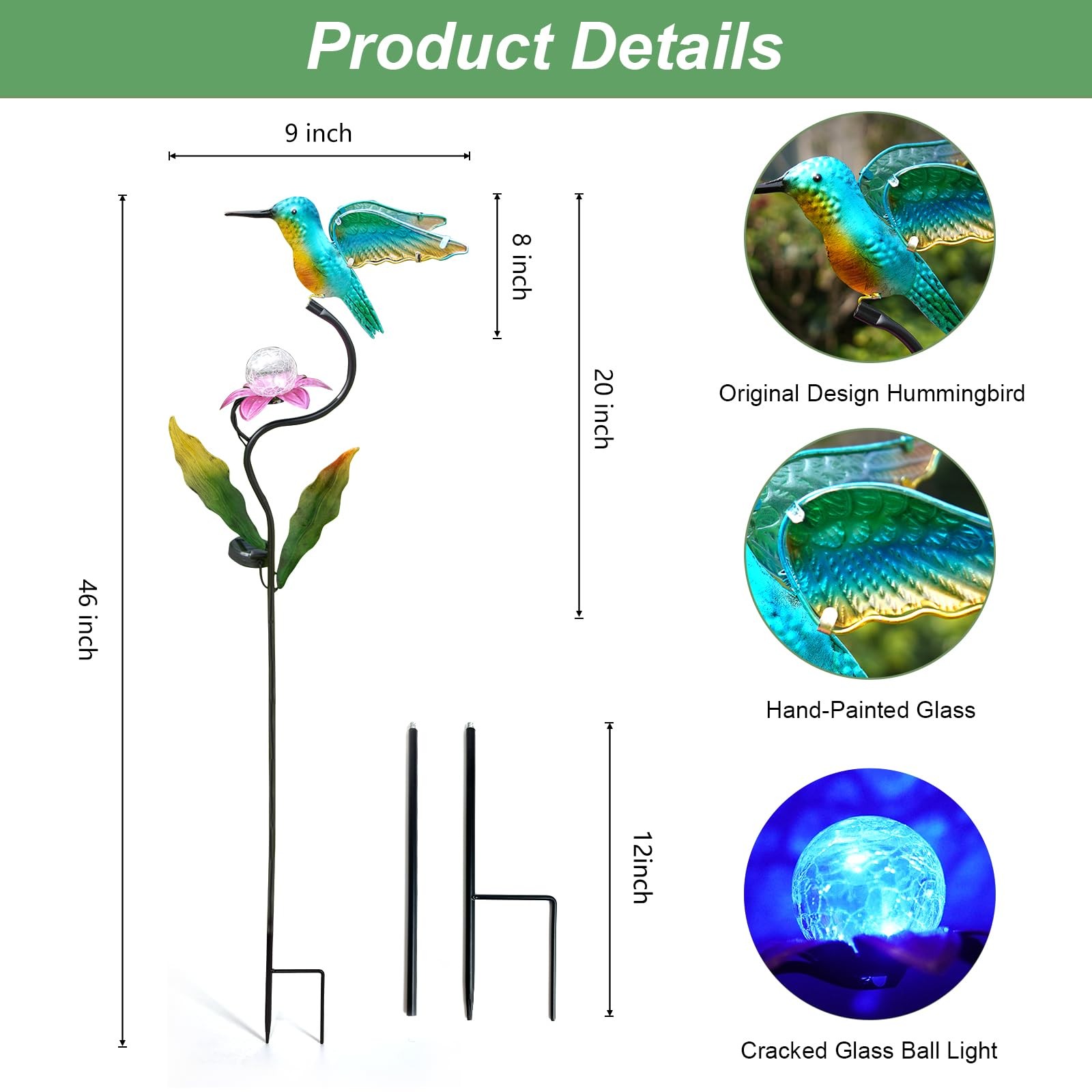 46-Inch Solar Hummingbird Lights – Outdoor Garden Decor, Waterproof Stakes