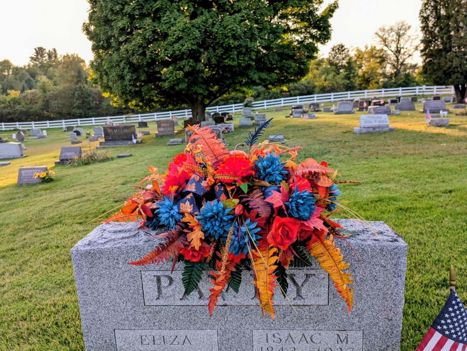 Autumn blue and orange pumpkin headstone saddle