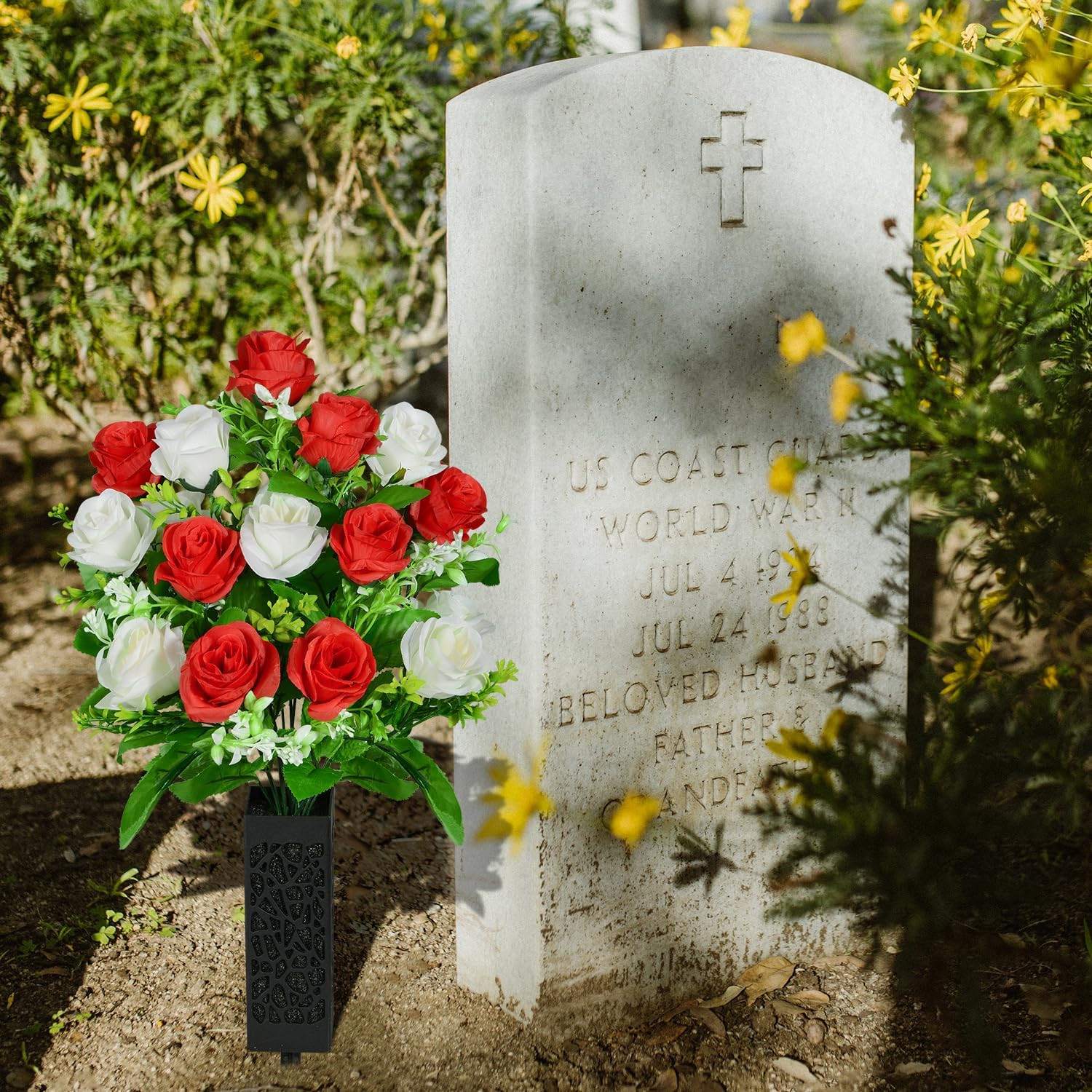 Artificial Cemetery Flowers, Set of 2 Grave Memorial Flowers with Vase, Artifici