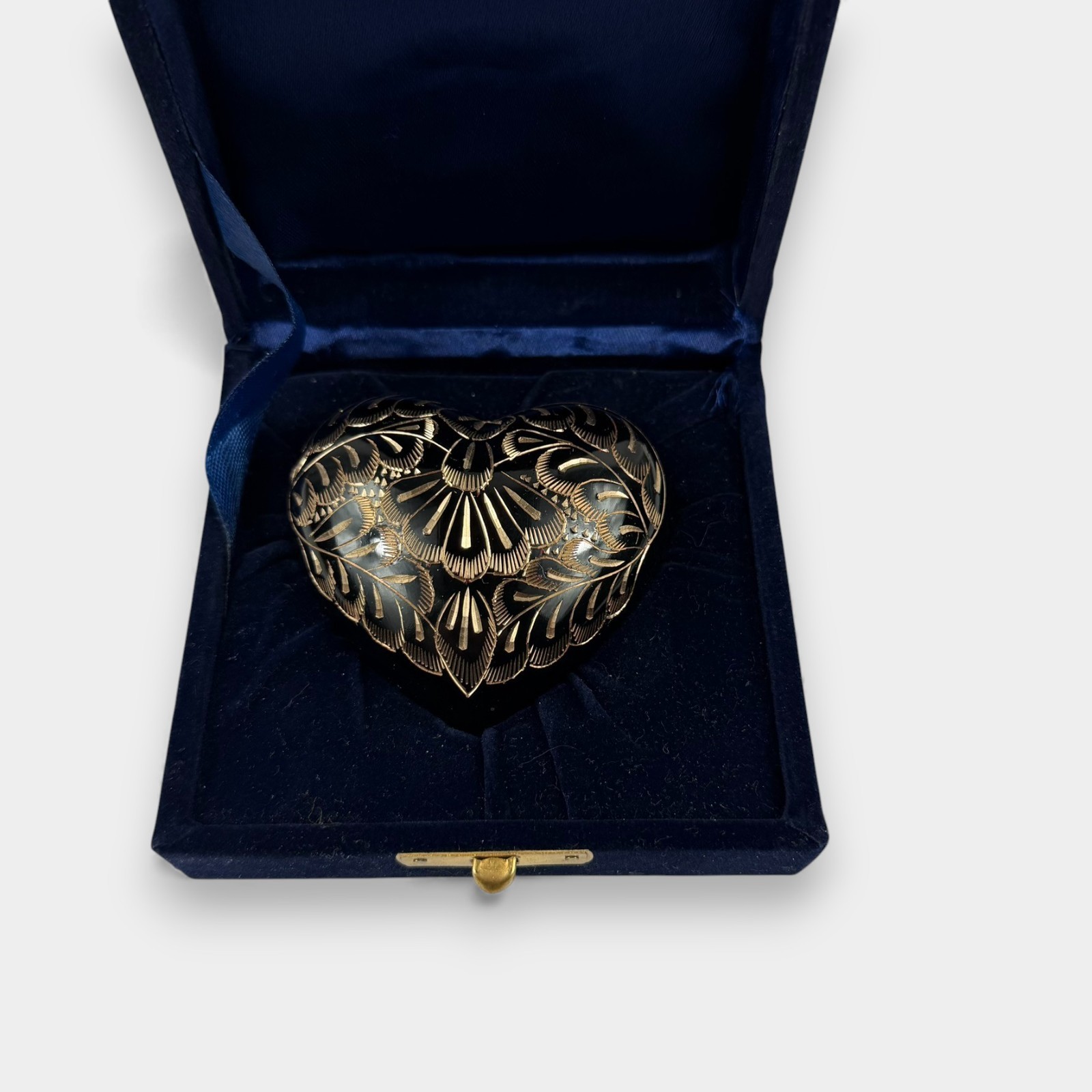 Crescent Memorial Heart Urn – Black Painted Brass w/ Gold Etching – Velvet Box