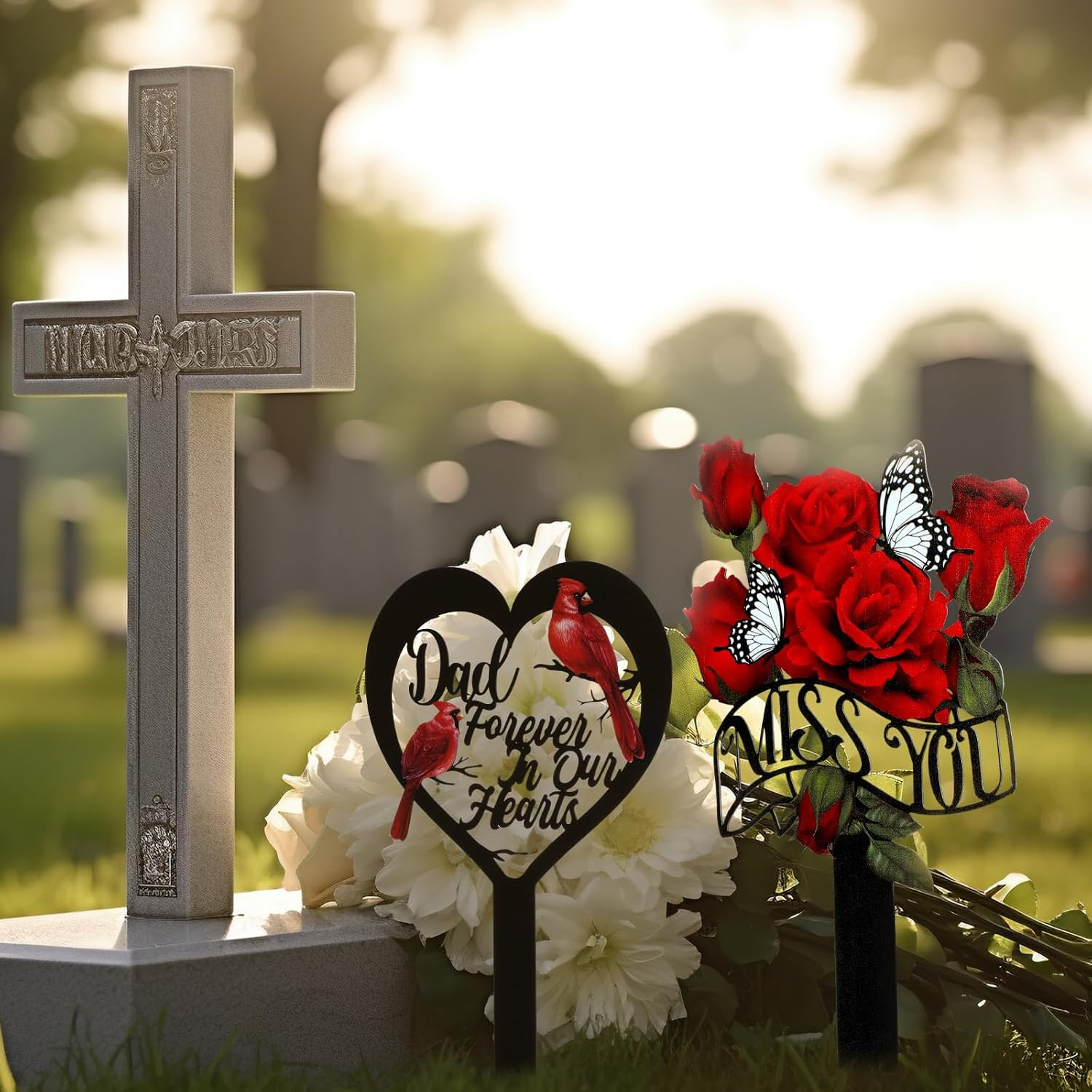 2 Pcs Father’S Day Cemetery Decorations for Grave Miss You Rose Design Dad Garde