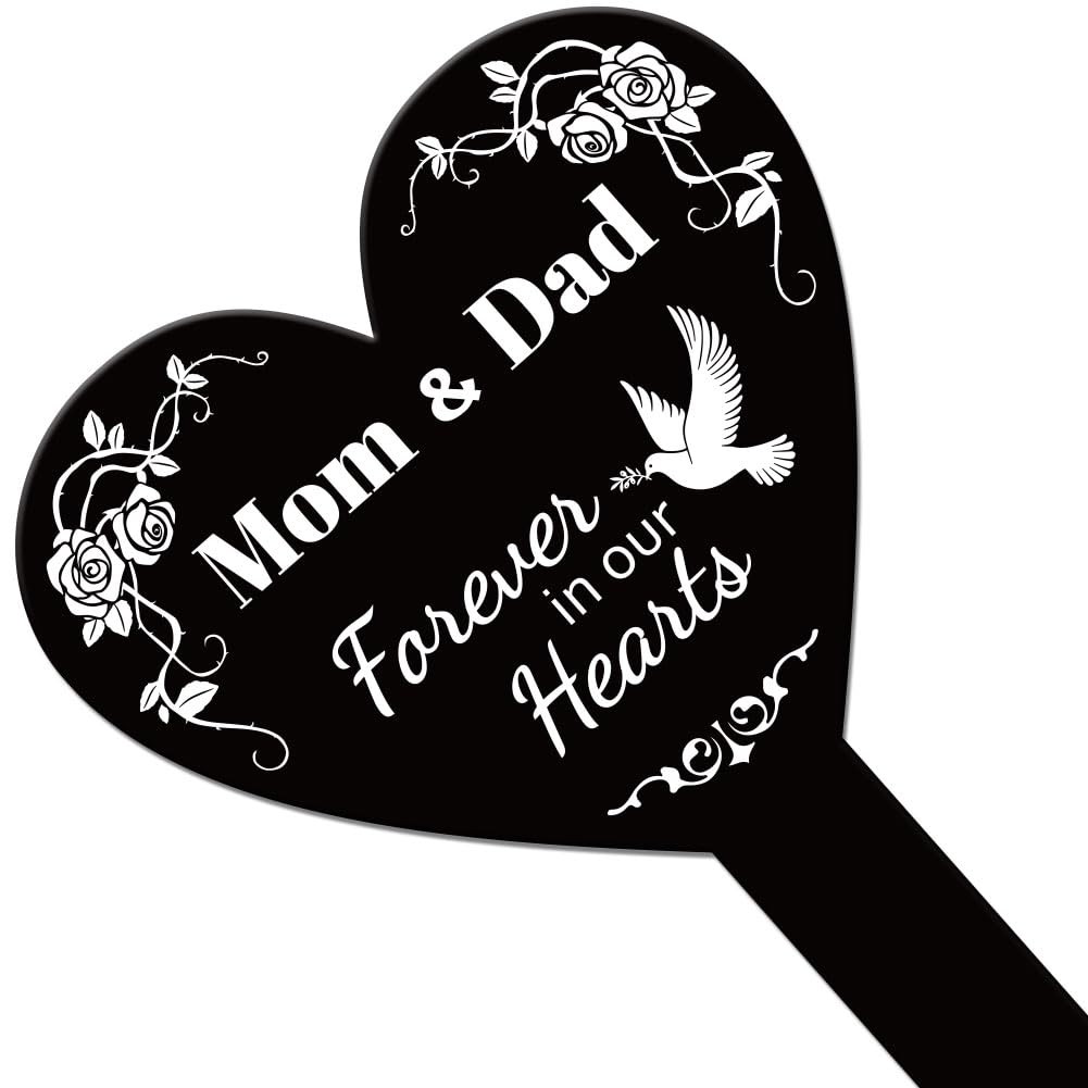Heart Shaped Mom and Dad Garden Stake for Parents Memorial Remembrance Plaque…