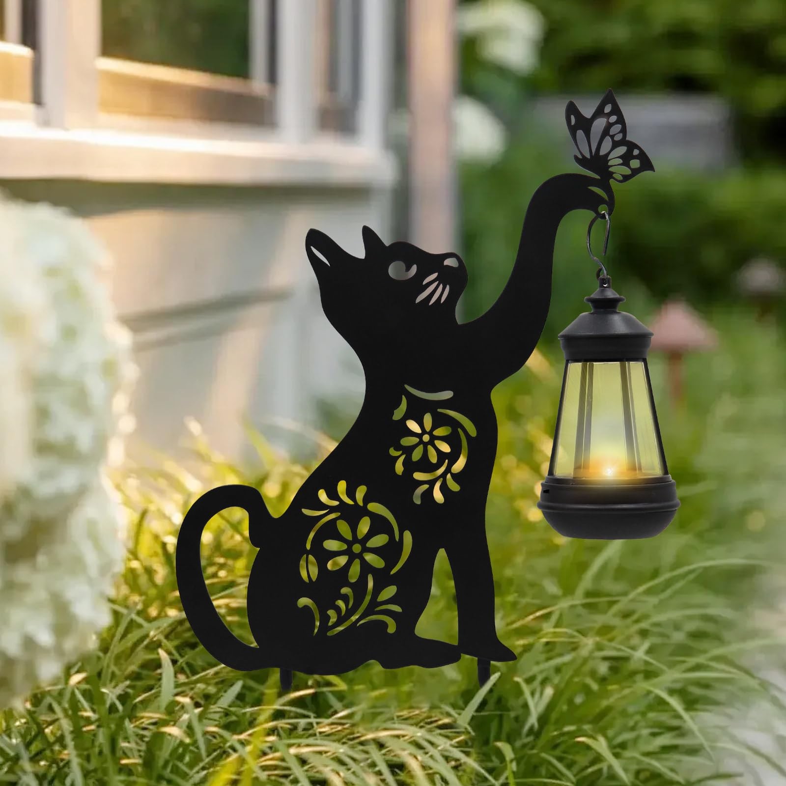 Black Cat Solar Light Outdoor Garden Decor – Metal Cat Holding Lantern Stake,…