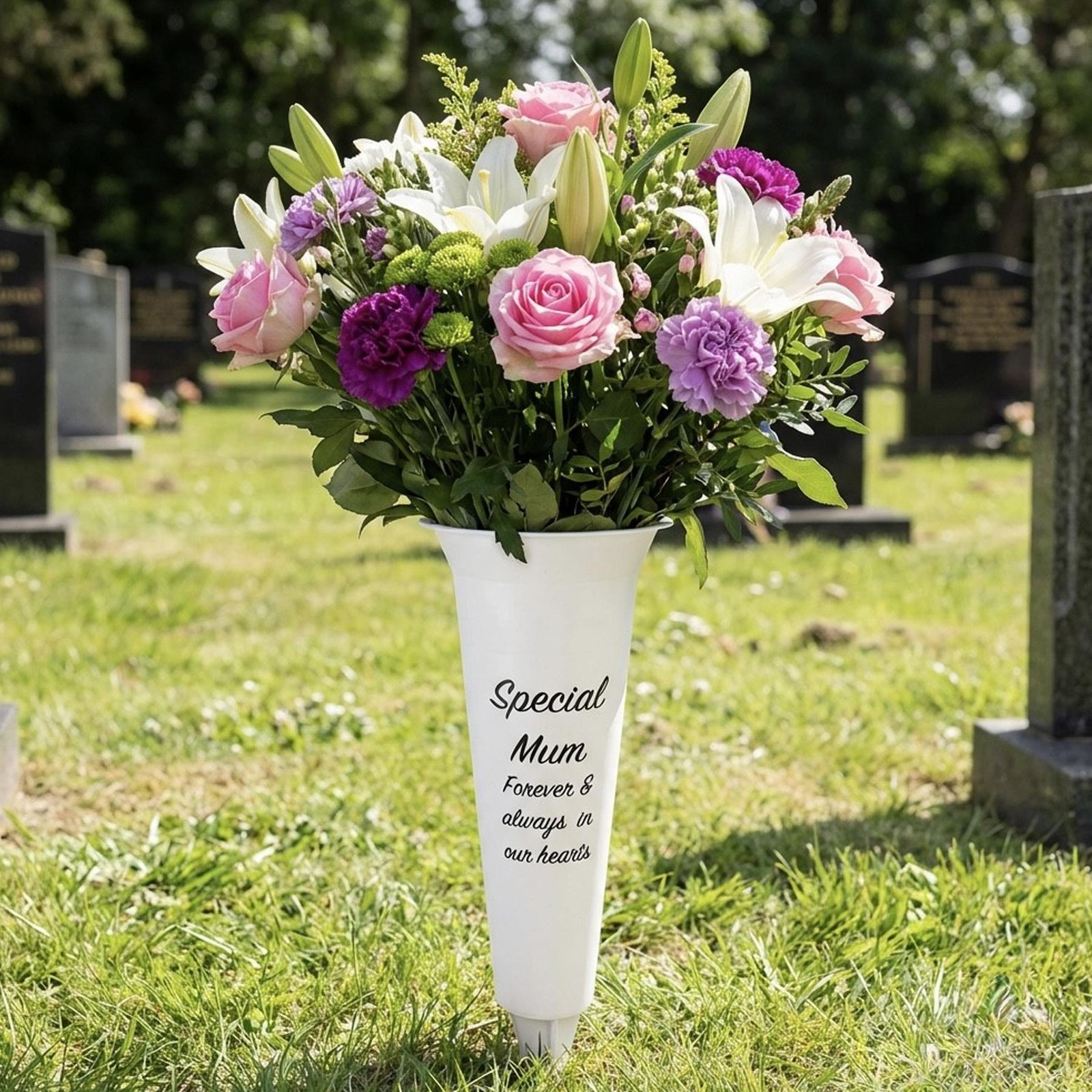 White Graveside Memorial Flower Spiked Vase with Wavy Edge – Special Mum