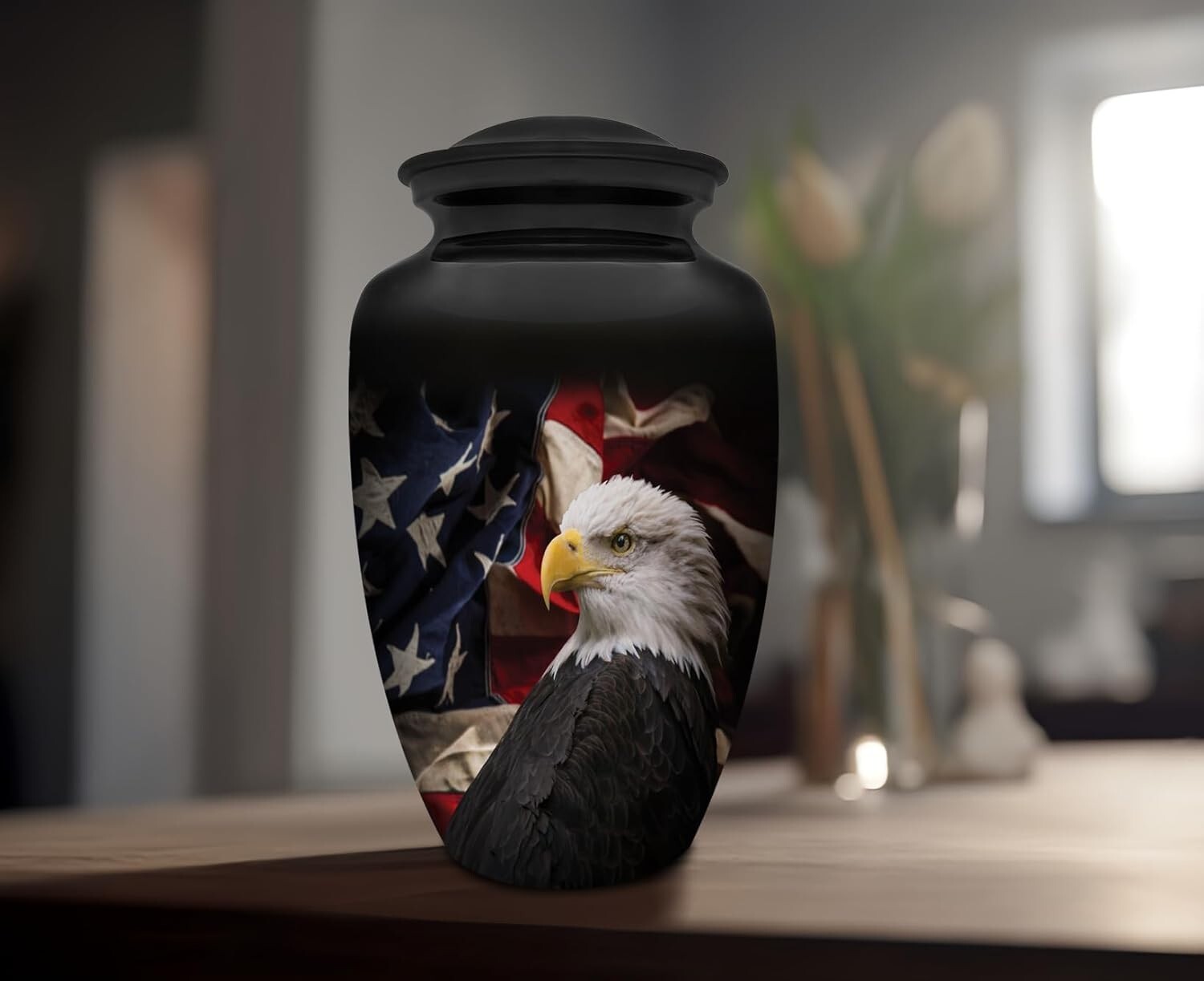 Beautiful Handmade Cremation Urn with Eagle and Flag – Secure & Durable Design