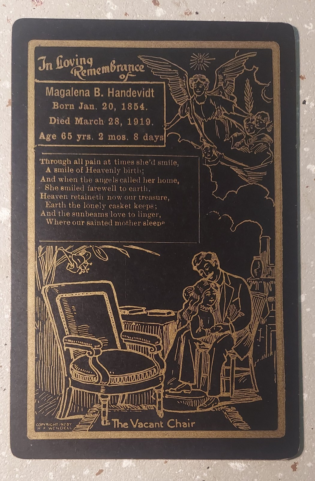 1923 Death/Funeral Vacant Chair Memorial Card Magalena Handevidt Martin MN