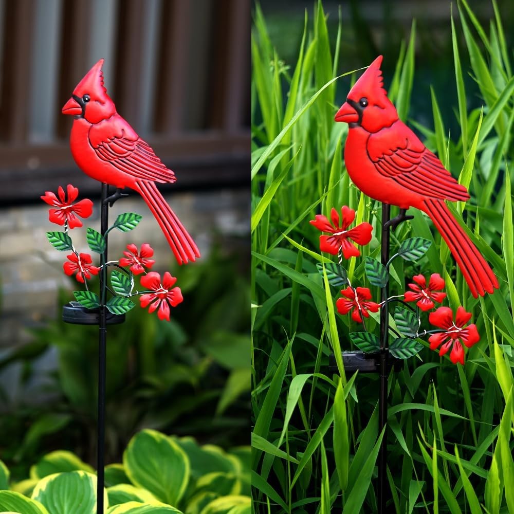 Solar Metal Cardinal Garden Stake Light for Outdoor Yard and Pathway Decor