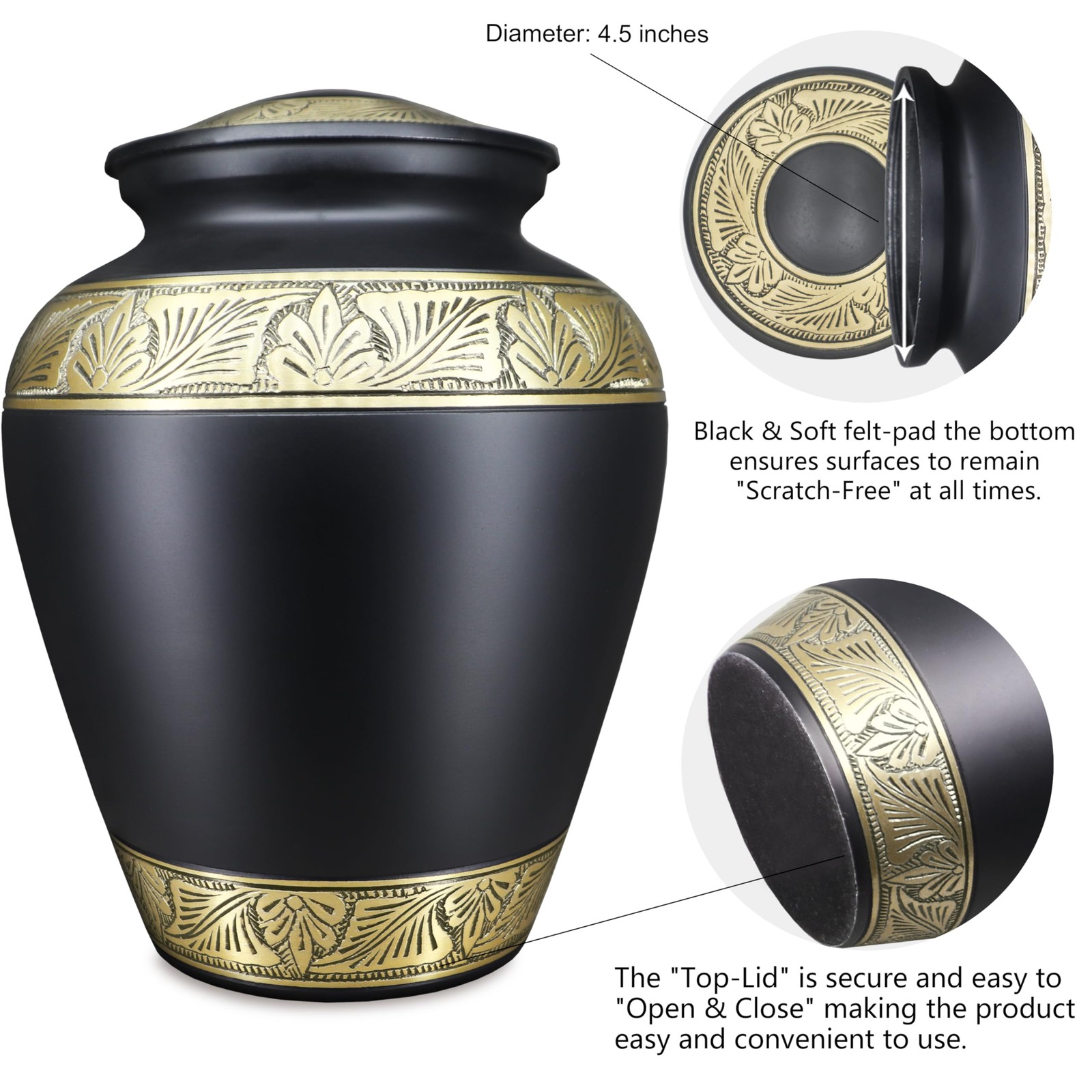 Adult Cremation Urn for Ashes – Black & Gold Decorative Burial Memorial