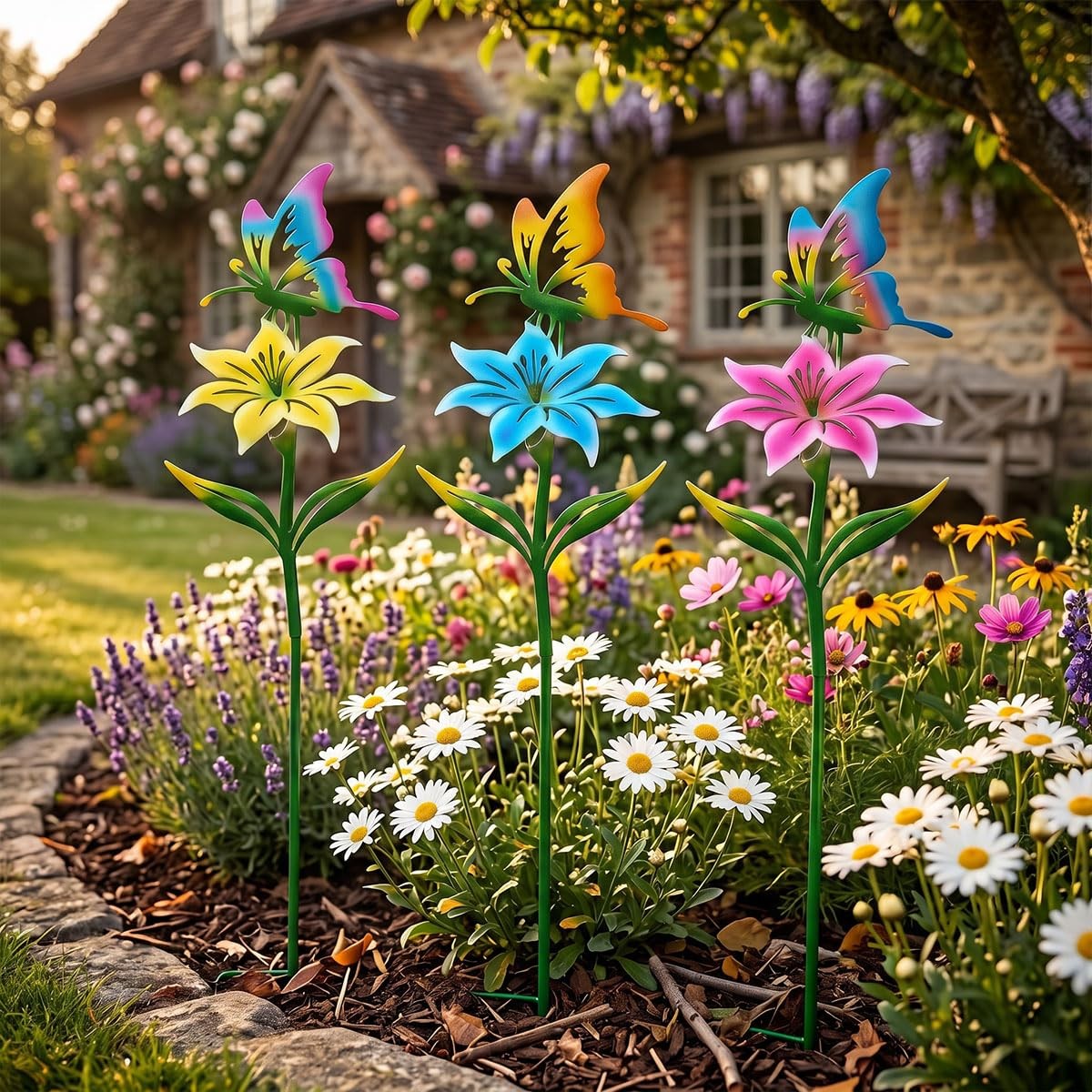 Colorful Metal Garden Stakes 3Pack Butterfly & Flower Outdoor Decor