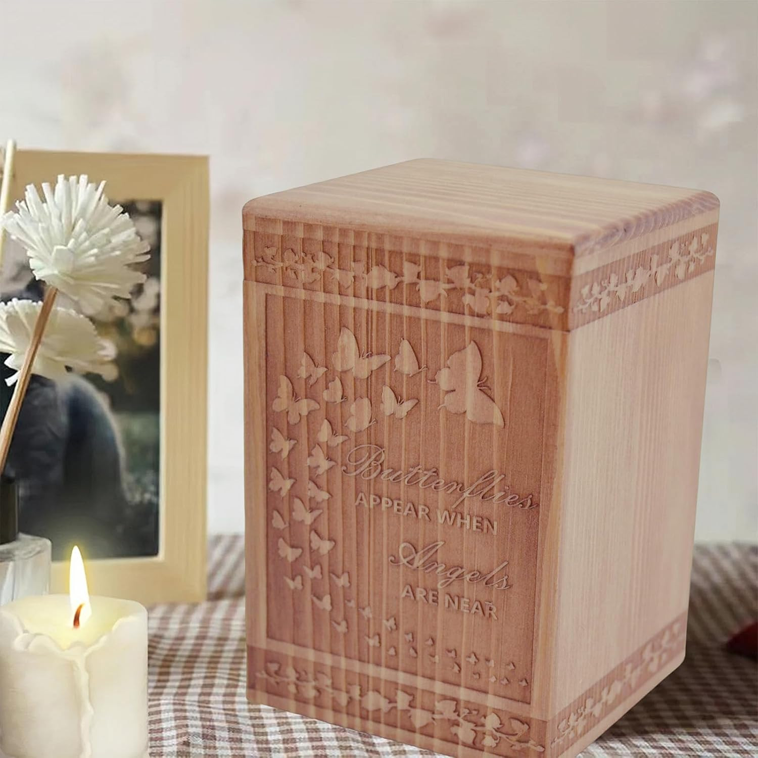 Handmade Wooden Cremation Urn for Ashes with Butterfly Engraving 24 Cubic Inch P