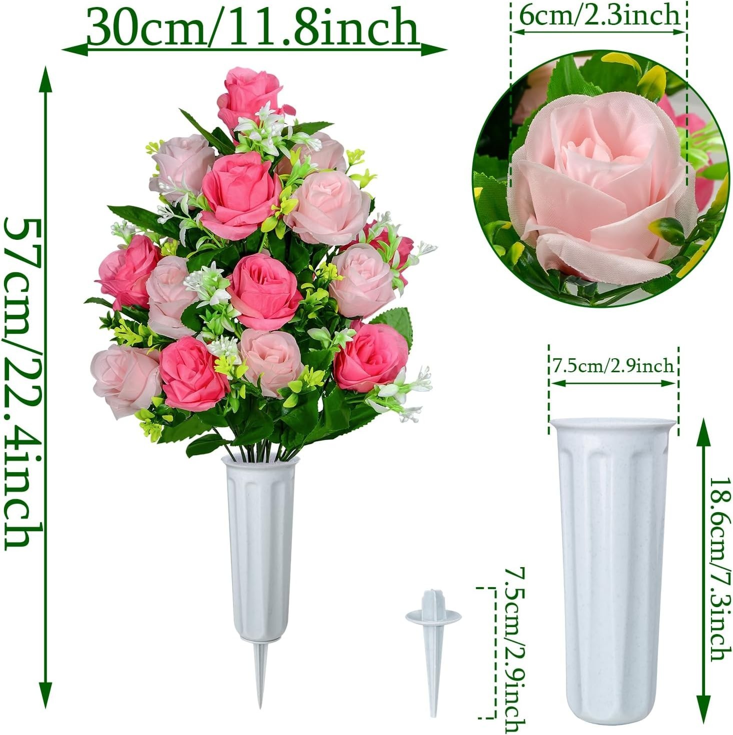 2-Piece Artificial Rose Cemetery Flower Arrangement – Sturdy Vase Included, Pink