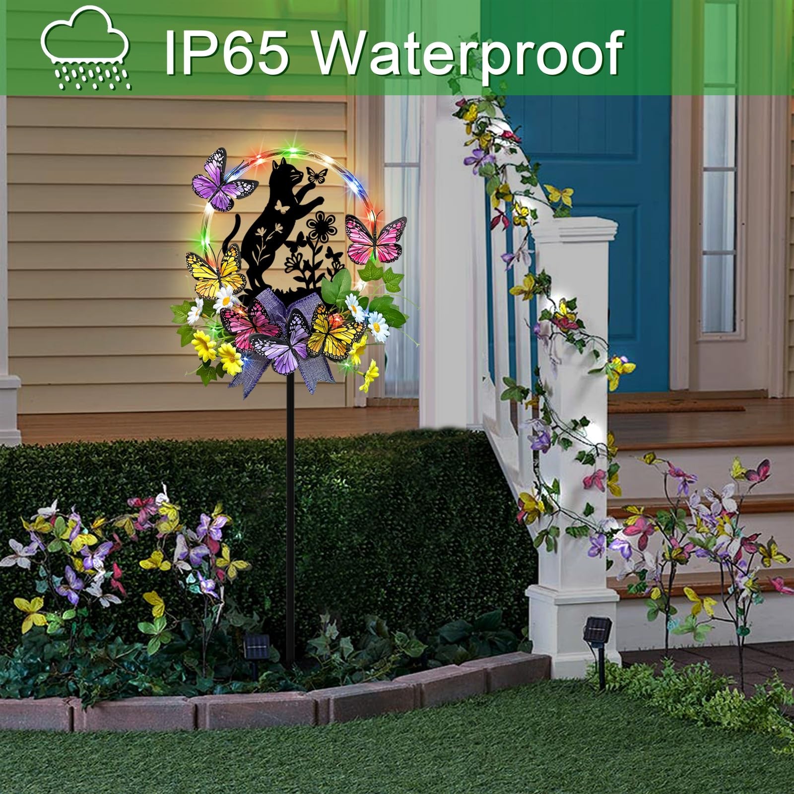Solar Cat Lights for Garden – Waterproof Stake with Butterflies, Great Gift