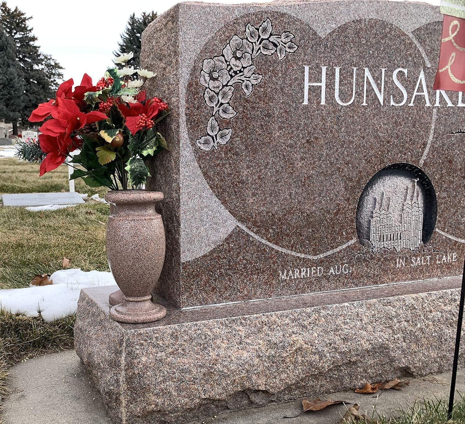 Elegant Pink Granite Cemetery Vase with Drainage Options – Secure Ground Spike^