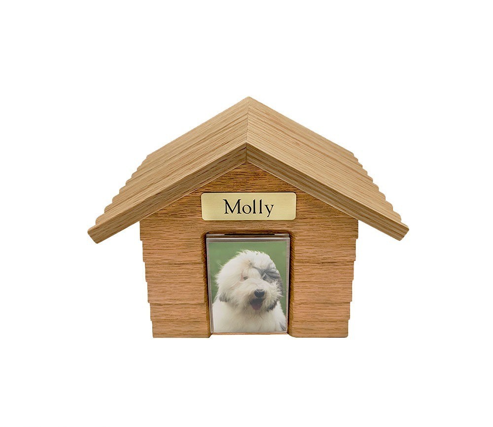 Small 45 Cubic Inches Oak Doghouse Urn for Ashes with Engravable Nameplate