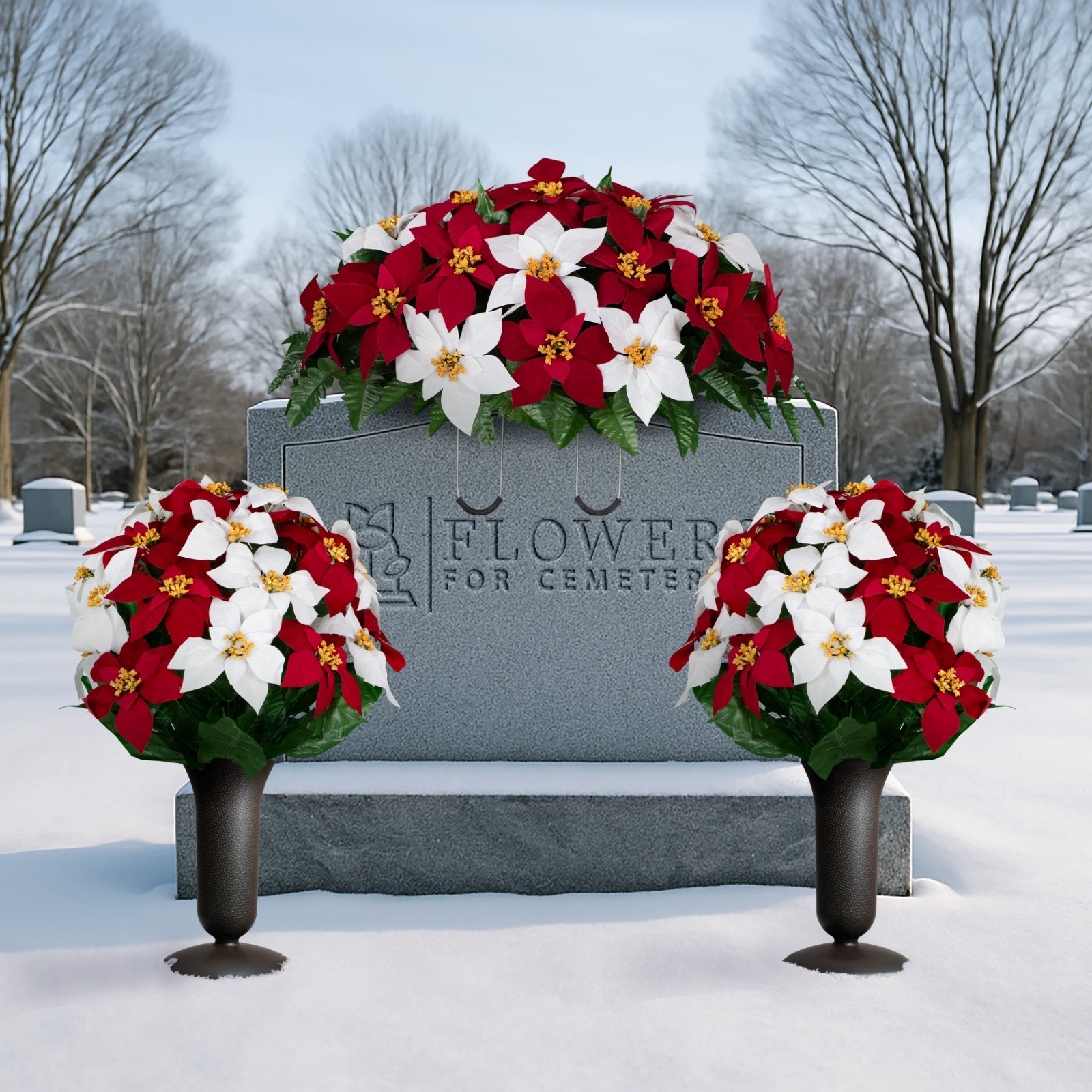 Artificial Cemetery Flowers – Red & White Poinsettia Saddle Bouquets and Vases