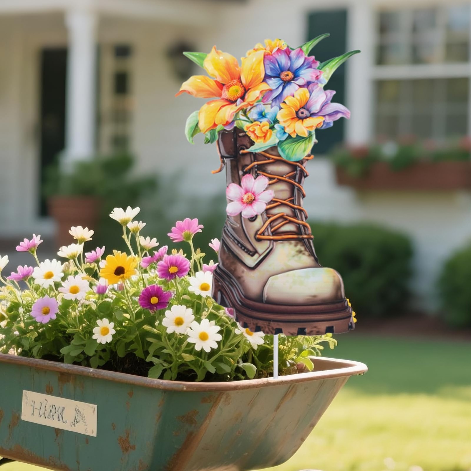 Garden Decor for Outside, 23″ Decorative Garden Stakes Metal Boot with Flower…