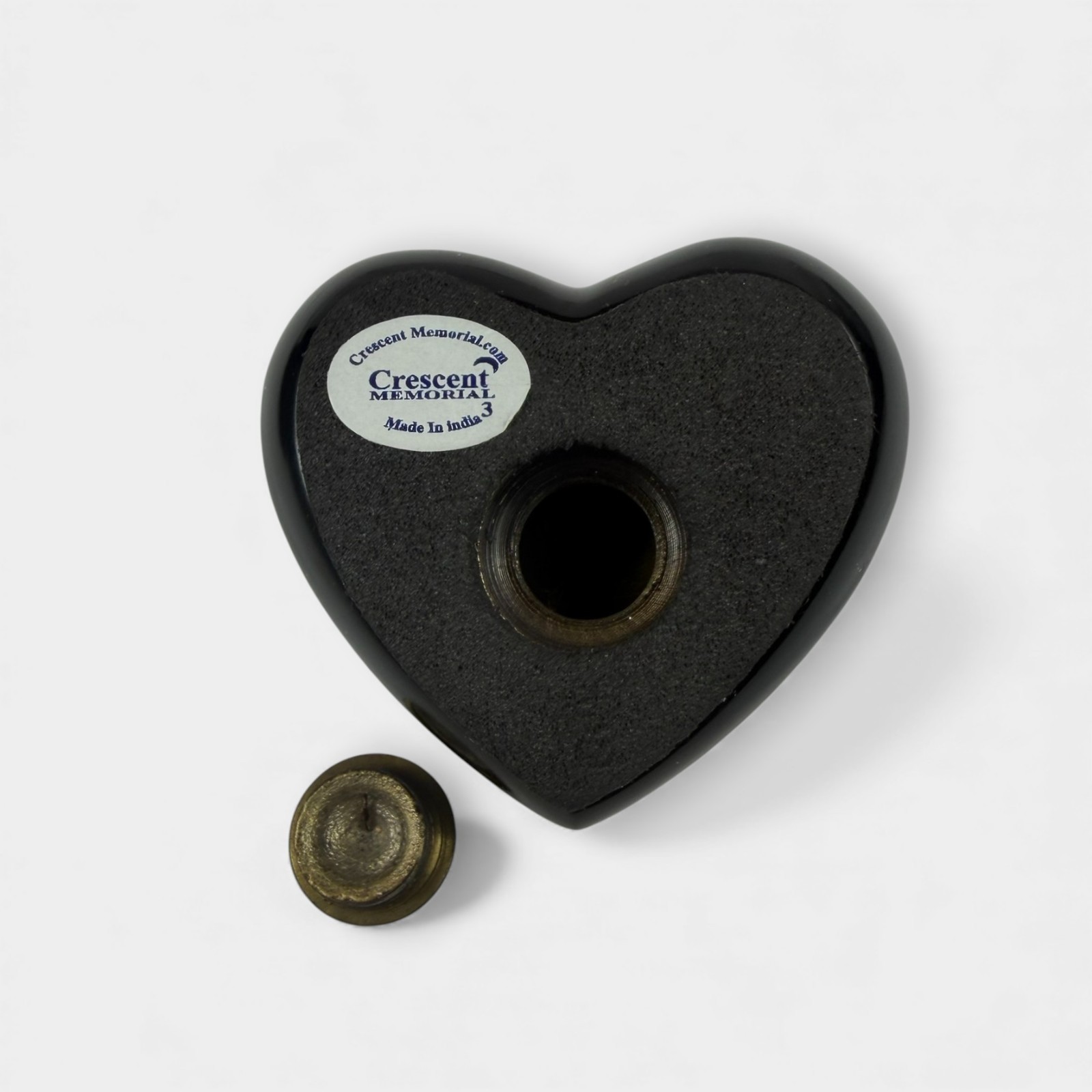 Crescent Memorial Heart Urn – Black Painted Brass w/ Gold Etching – Velvet Box