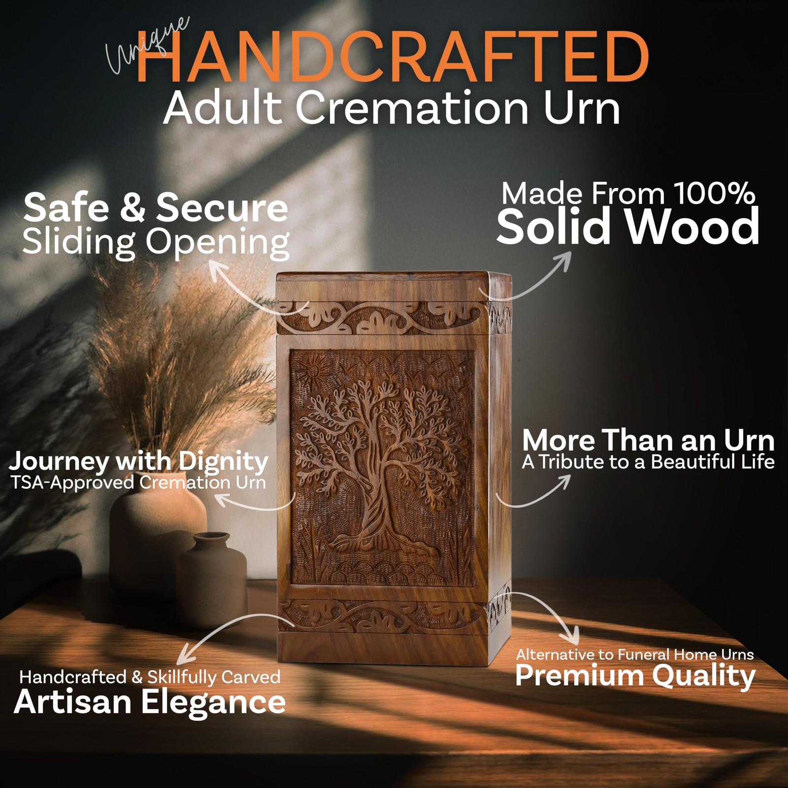 Wooden Tree of Life Cremation Urns for Human Ashes – Memorial Urn Box and Casket