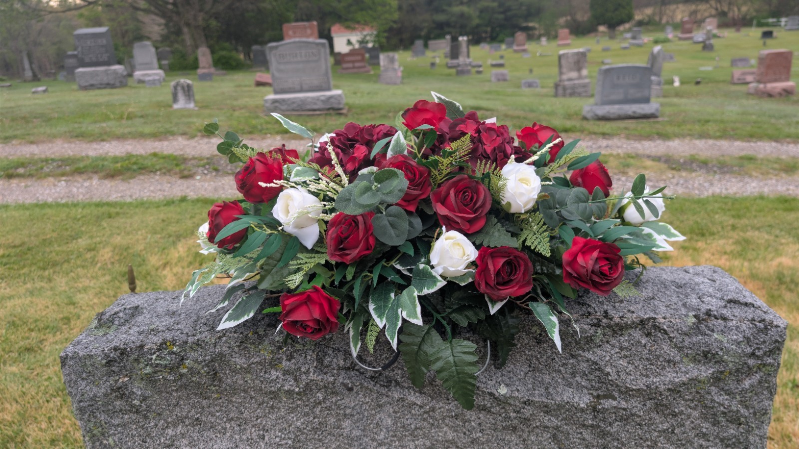 Red and white Sweetheart Roses headstone saddle-Memorial day Grave Saddle