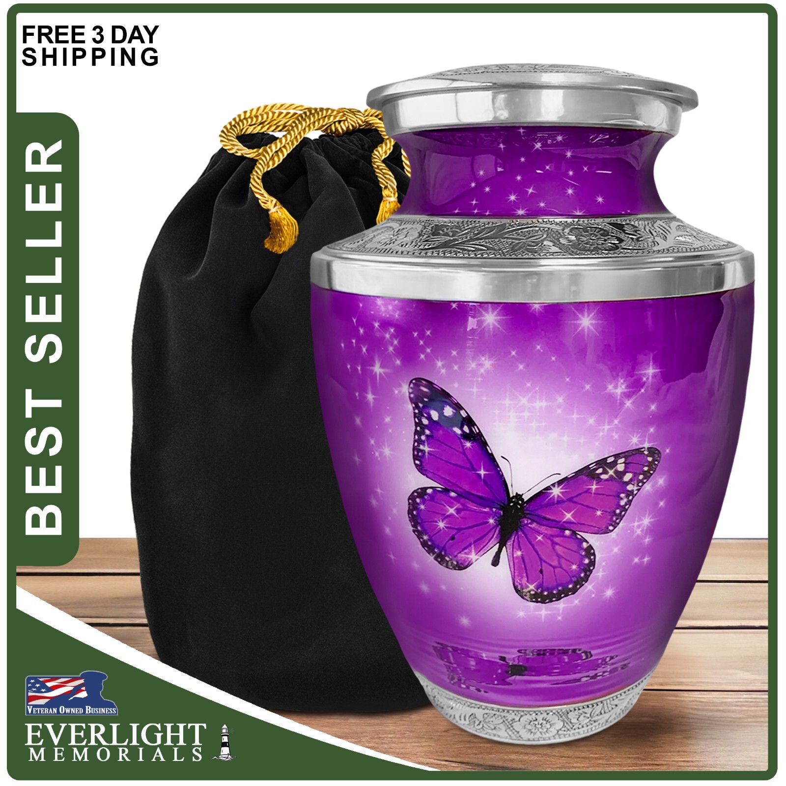 Purple Butterfly Adult Cremation Urn for Human Ashes, Large with Velvet Bag