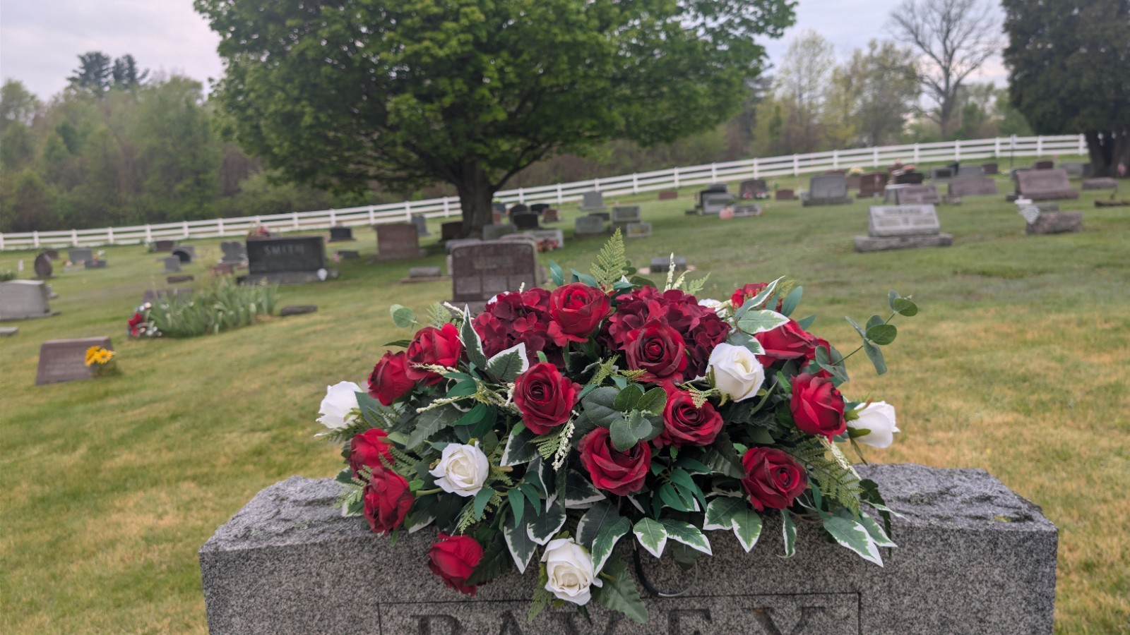 Red and white Sweetheart Roses headstone saddle-Memorial day Grave Saddle