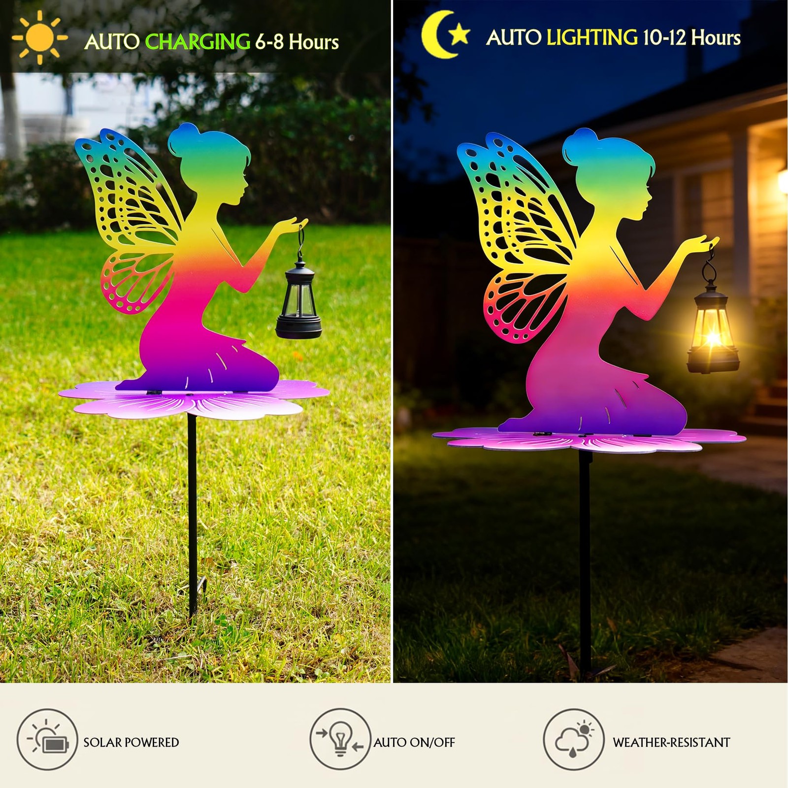 Iridescent Solar Fairy Garden Stake 21″ LED Lantern for Outdoor Decor