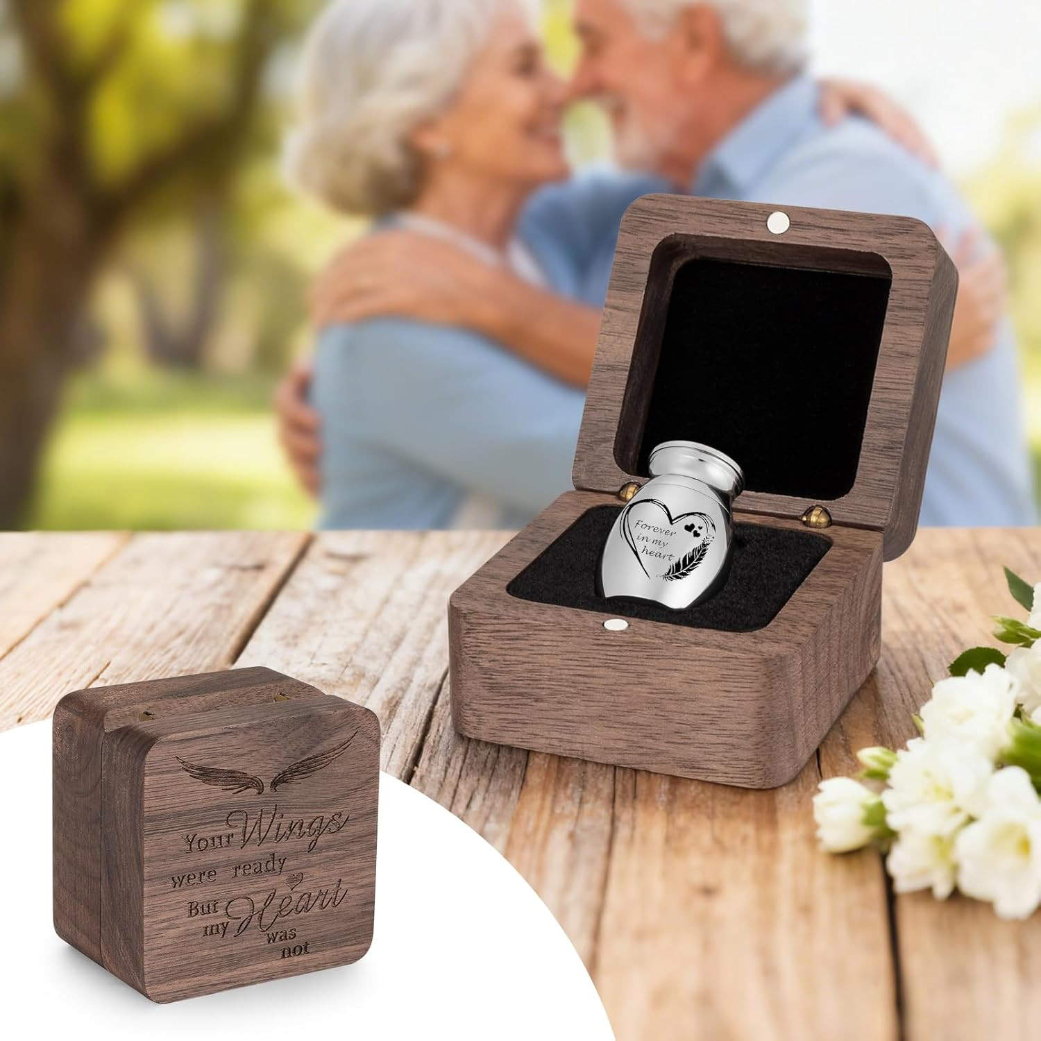 Angel Wing Small Urns for Human Ashes Square Wooden Keepsake Box 1.57 Inches Hea