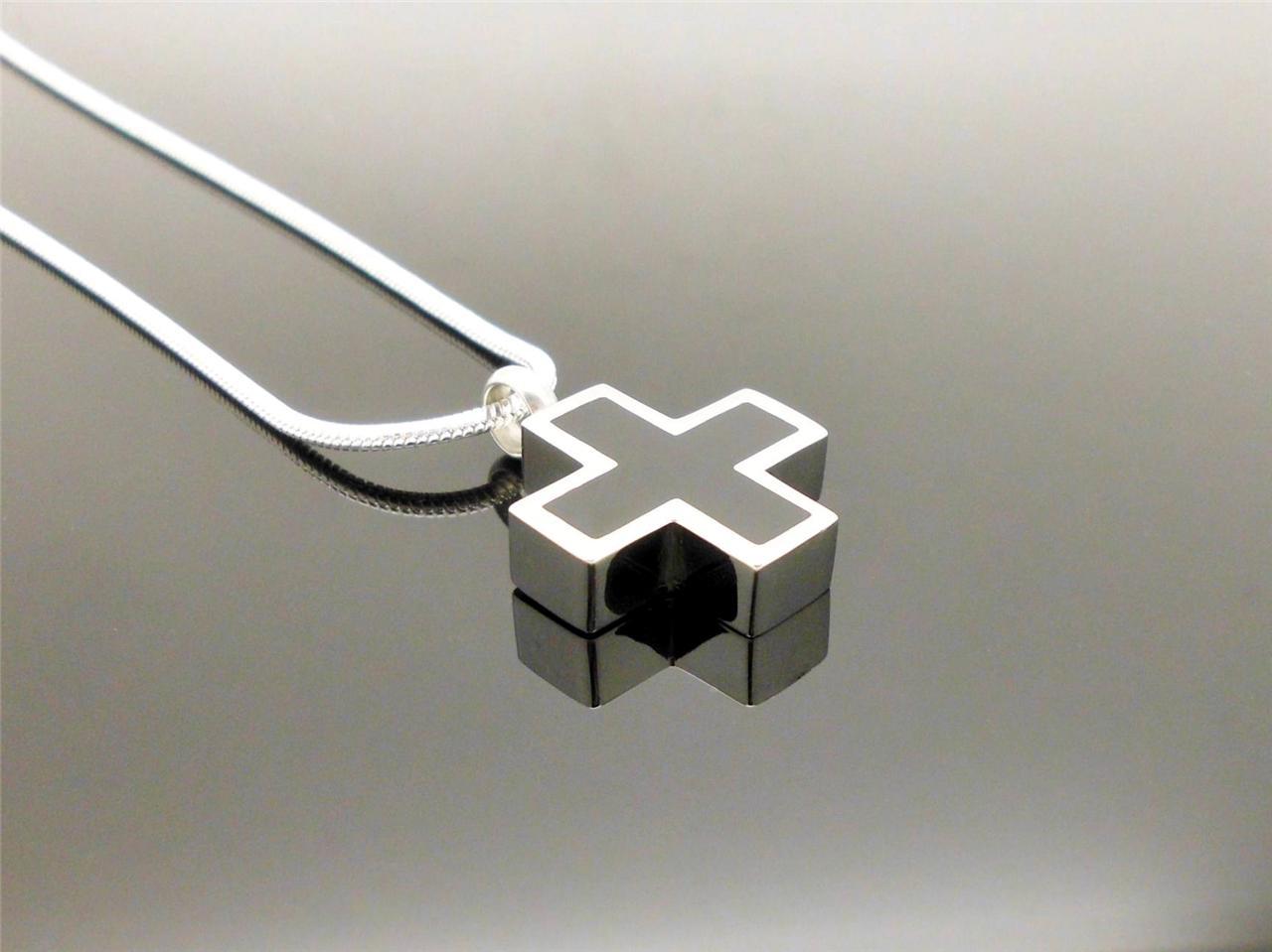 Black & Silver Keepsake Memorial Short Cross Cremation Urn Pendant Jewellery NIB