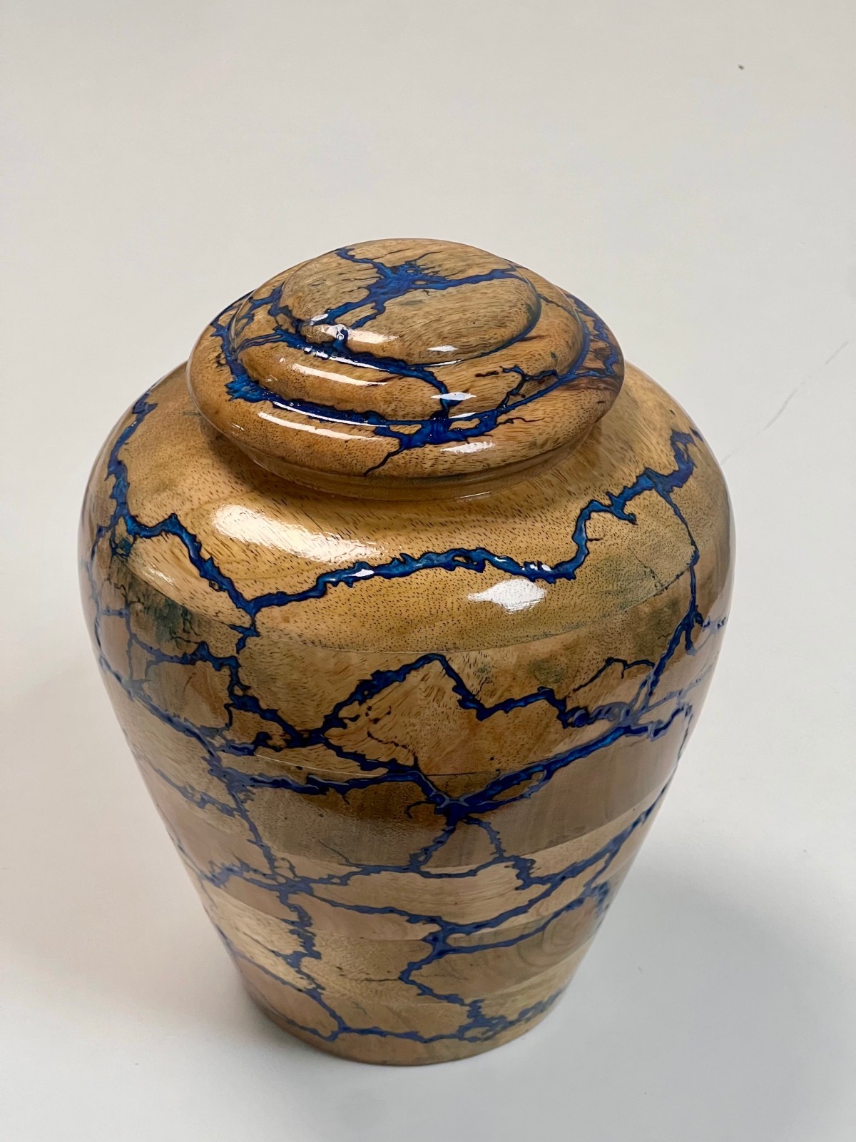Handcrafted Wood Cremation Urn Blue Resin Adult Funeral Memorial Ashes 10″