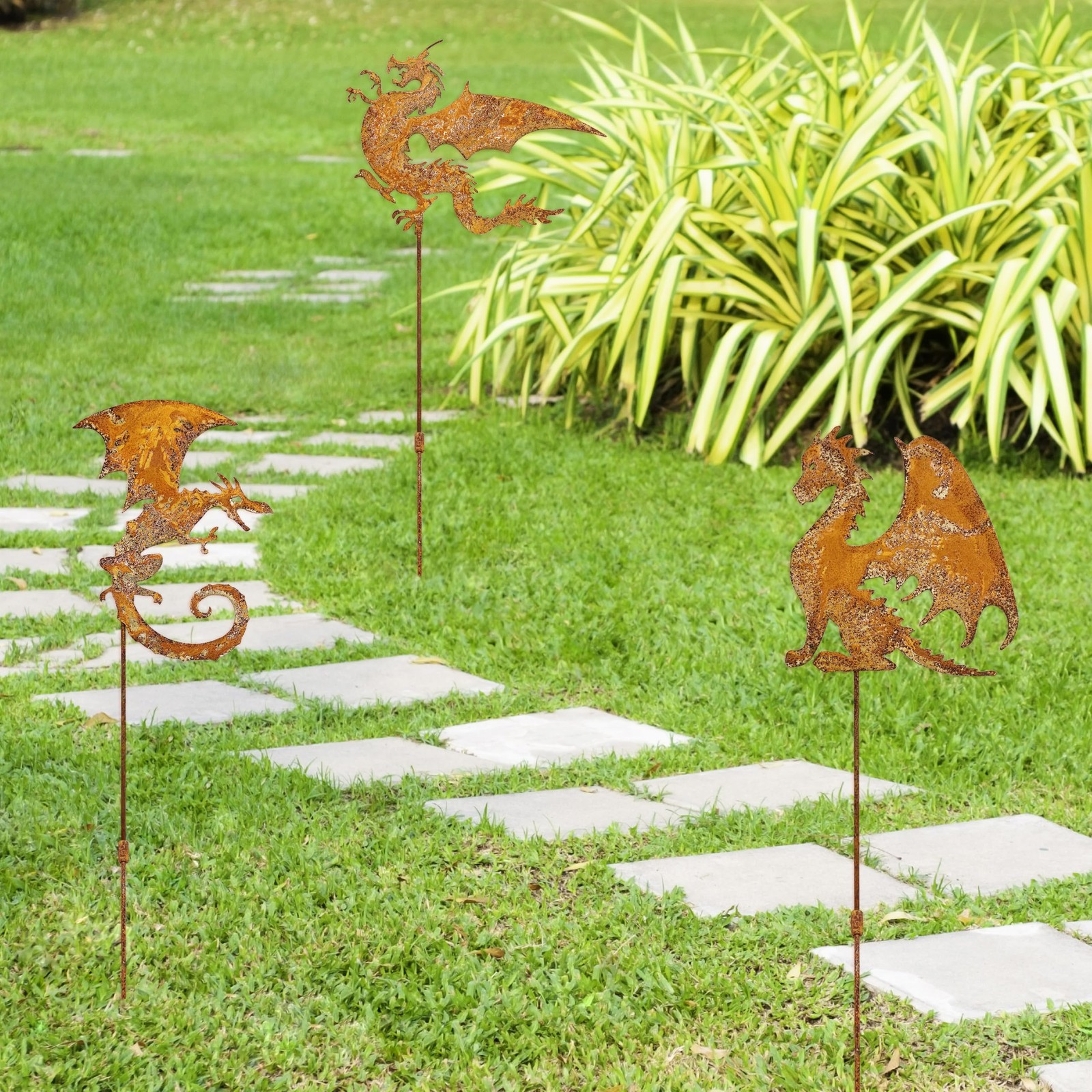 Rusty Fantasy Dragon Garden Stakes Decor, 24 Inch Metal Yard Art Decor