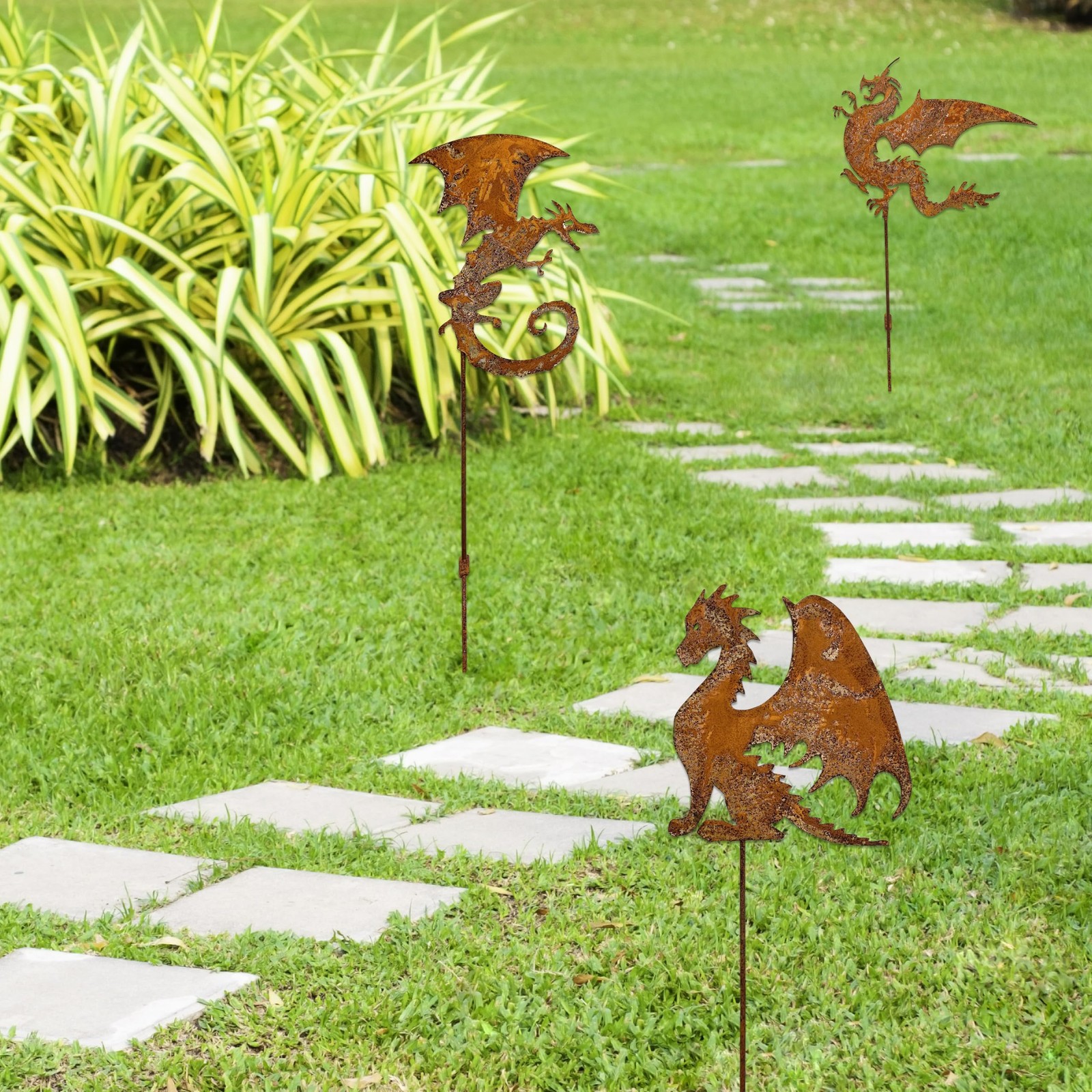Rusty Fantasy Dragon Garden Stakes Decor, 24 Inch Metal Yard Art Decor, Decorati