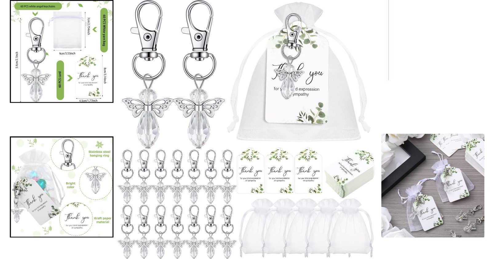 60 Sets of Angel Keychains & Thank You Tags – Memorial Party Essentials