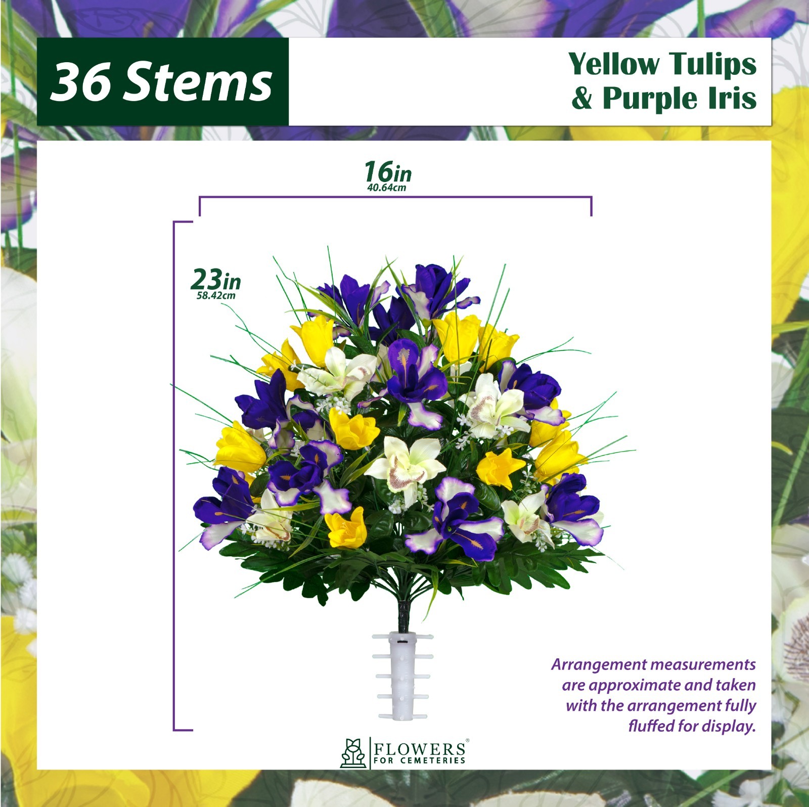 Artificial Cemetery Flowers – Yellow Tulips and Purple Iris (1) Bouquet