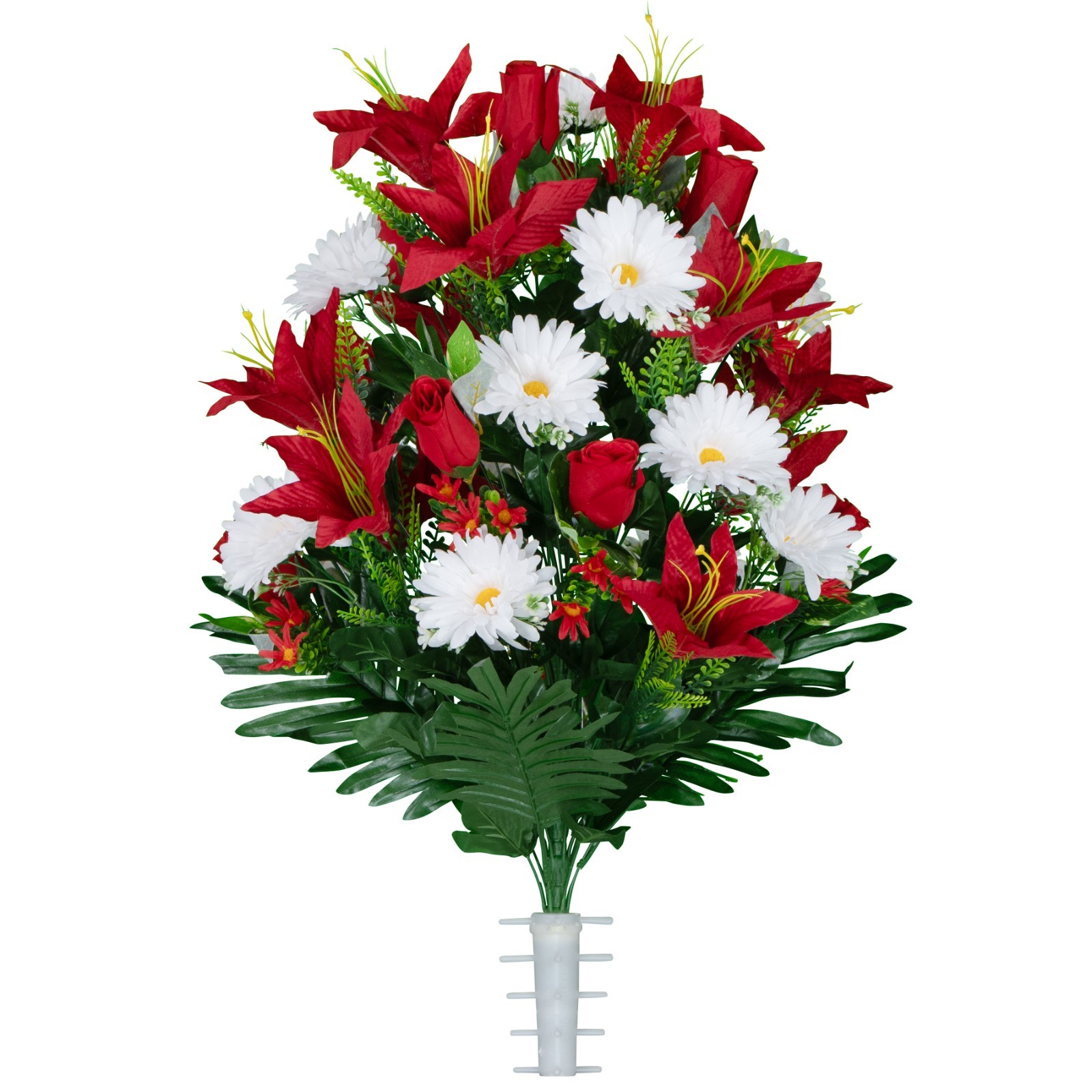 Artificial Cemetery Flowers – Red Lilies with White Daisies and Red Roses