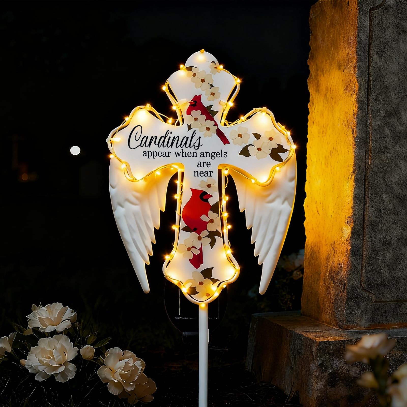 Solar Cross Garden Light, Waterproof Acrylic Metal Angel Wings Solar Cardinal…