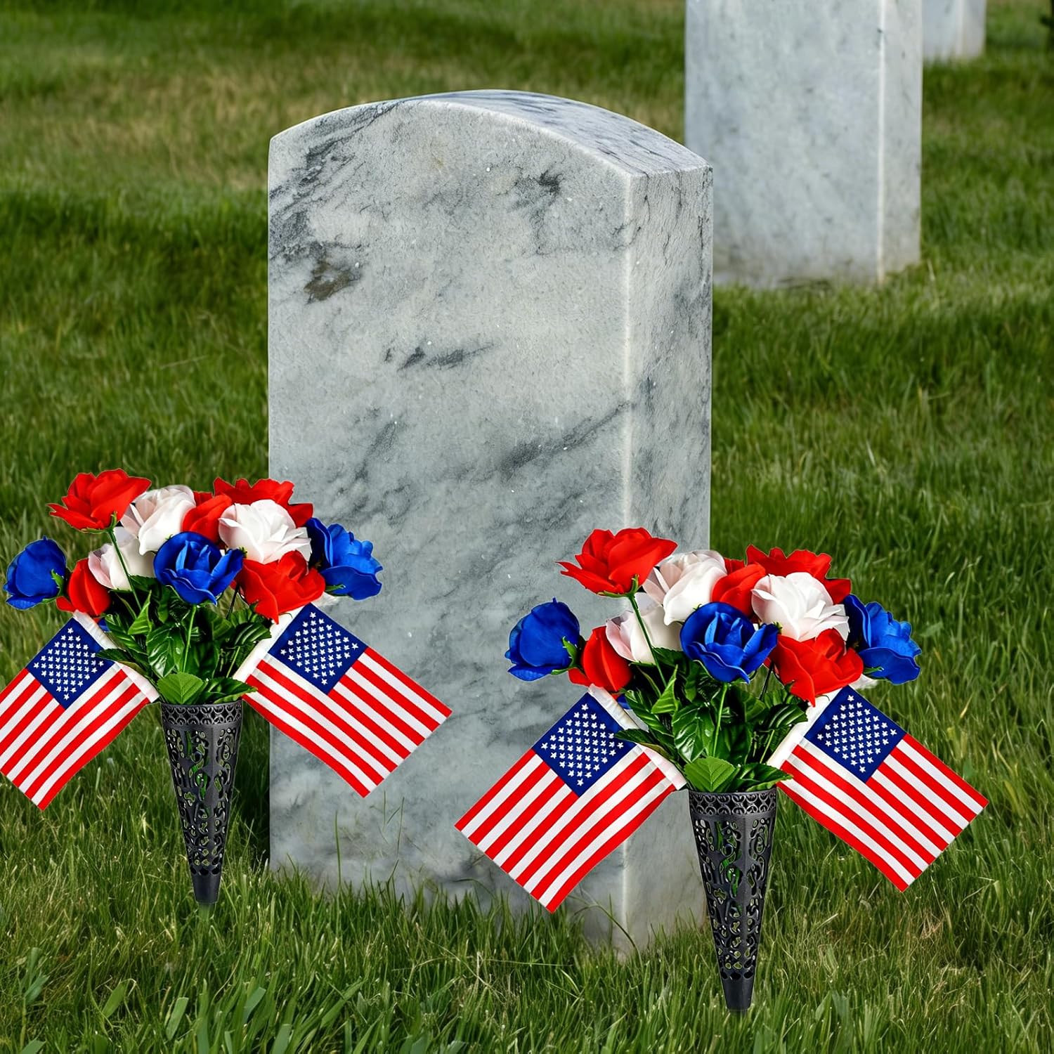 6PCS Memorial Day Grave Decorations, 4 Bunches Red White Blue Cemetery Artificia
