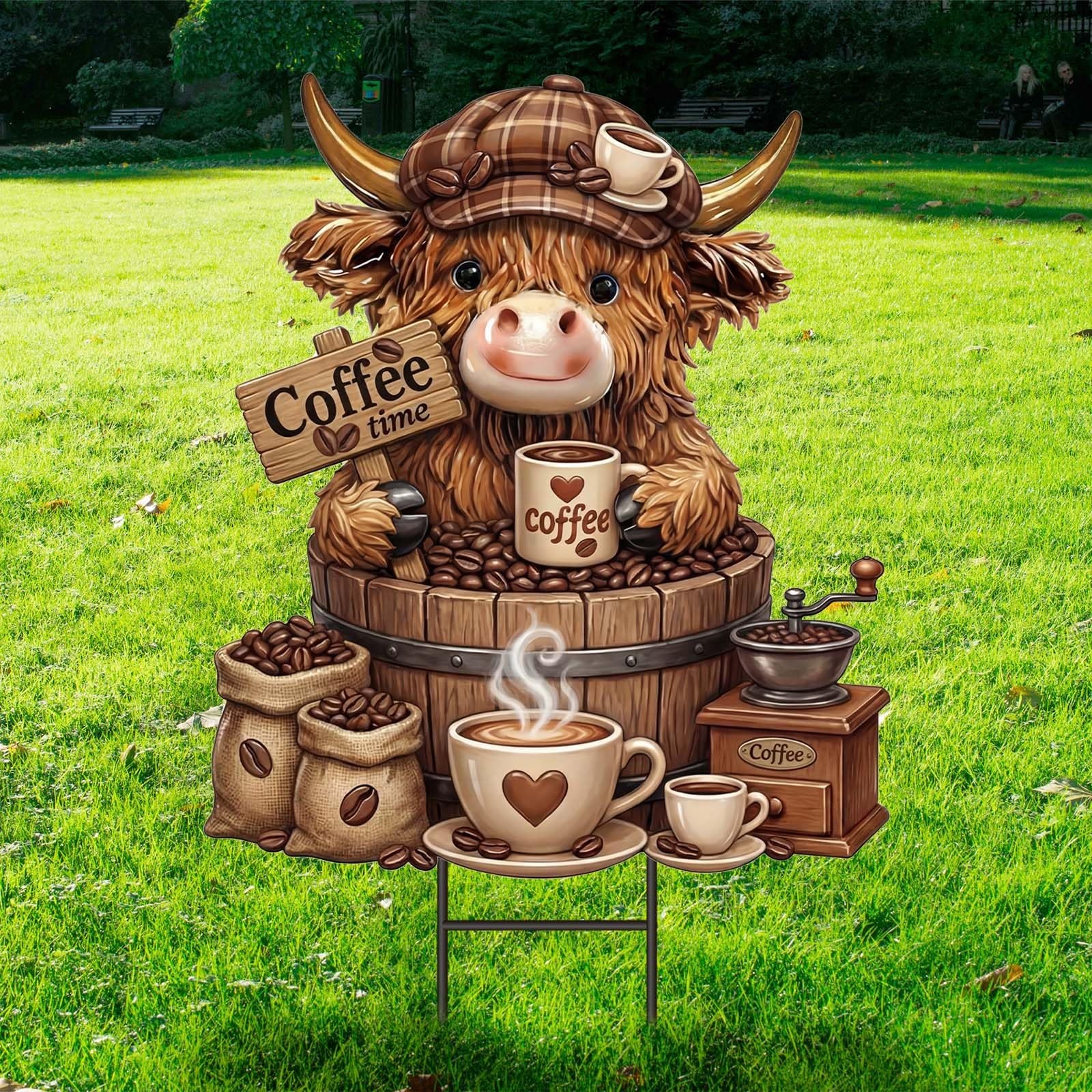 Coffee Highland Cow Outdoor Decoration Metal Highland Cow Yard Signs with Sta…