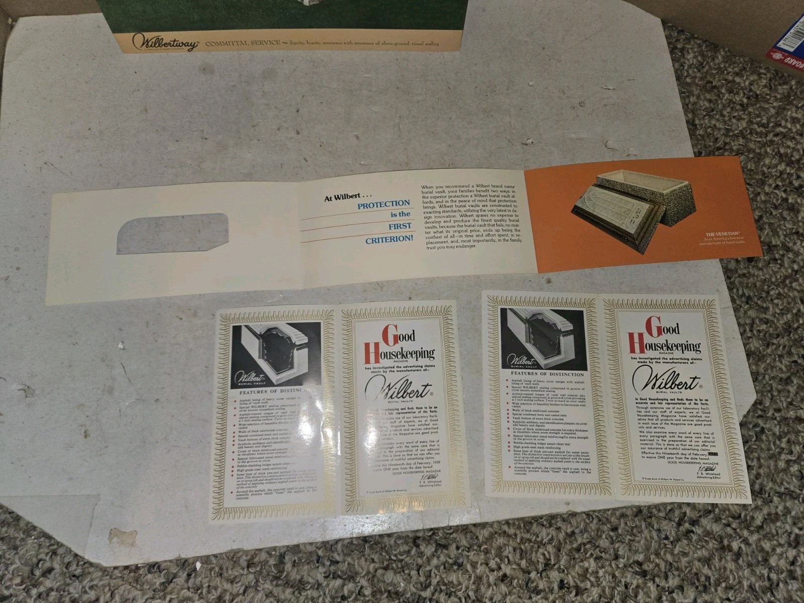 9 Vintage 60s/70s Wilbert Burial Vault,Paperwork,Coins,Post Card,Funeral,Casket