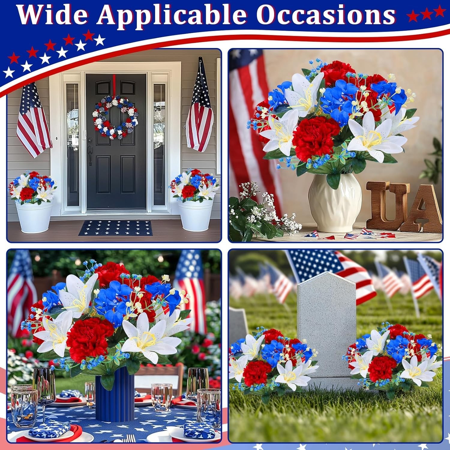 22 Heads Cemetery Flowers for Grave, 2 Bunches Artificial Flowers Patriotic Memo