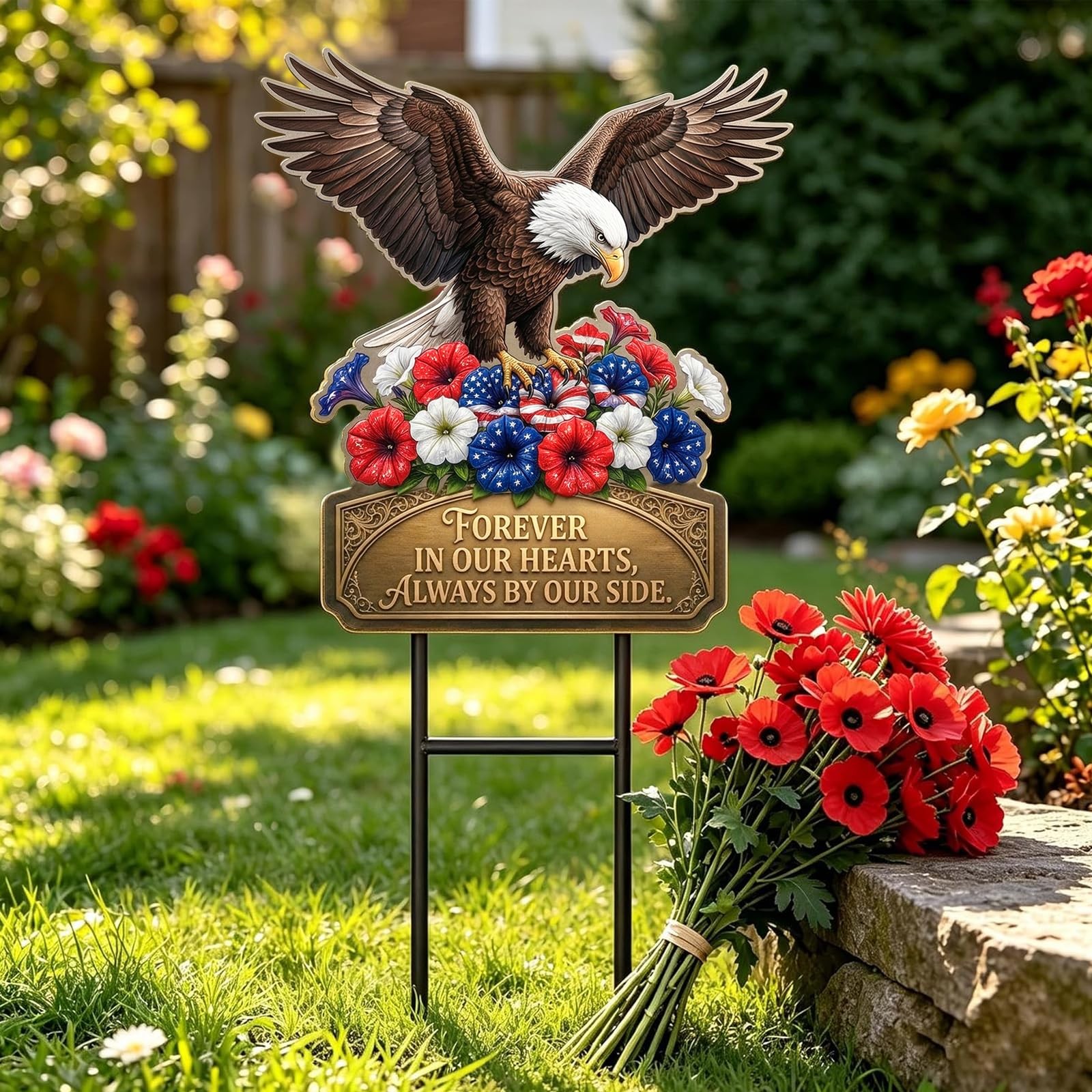 20″ Patriotic Eagle Garden Stake Memorial Decor – Metal Forever in Our Hearts…