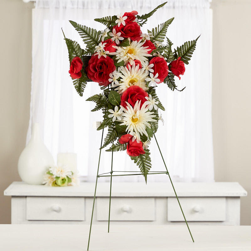 Red and Cream Silk Flower Premade Easel Cemetery Cross Arrangement