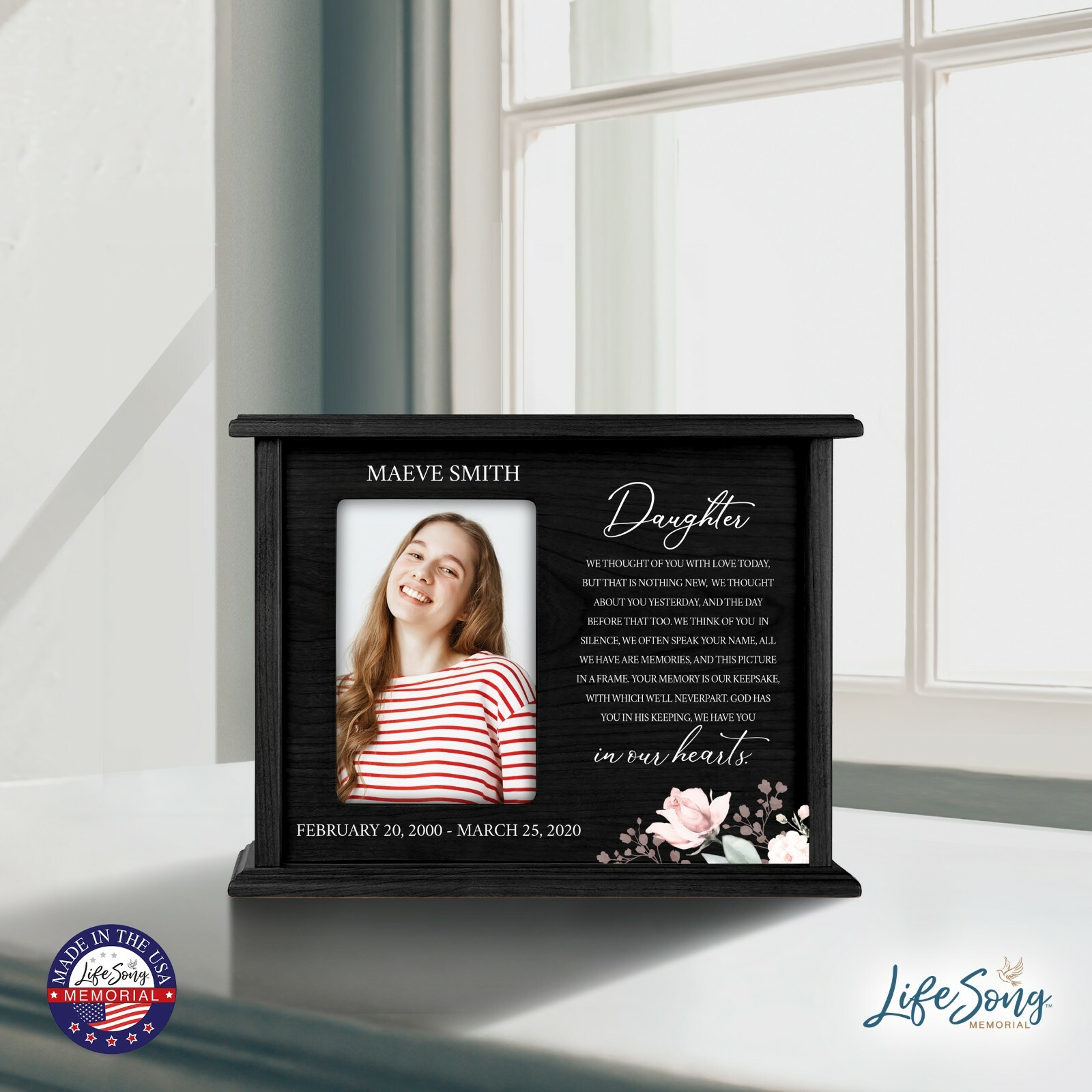 Custom Cremation Urn Box Holds 200 cu in w/ 4×6 Photo – We Thought of (Daughter)