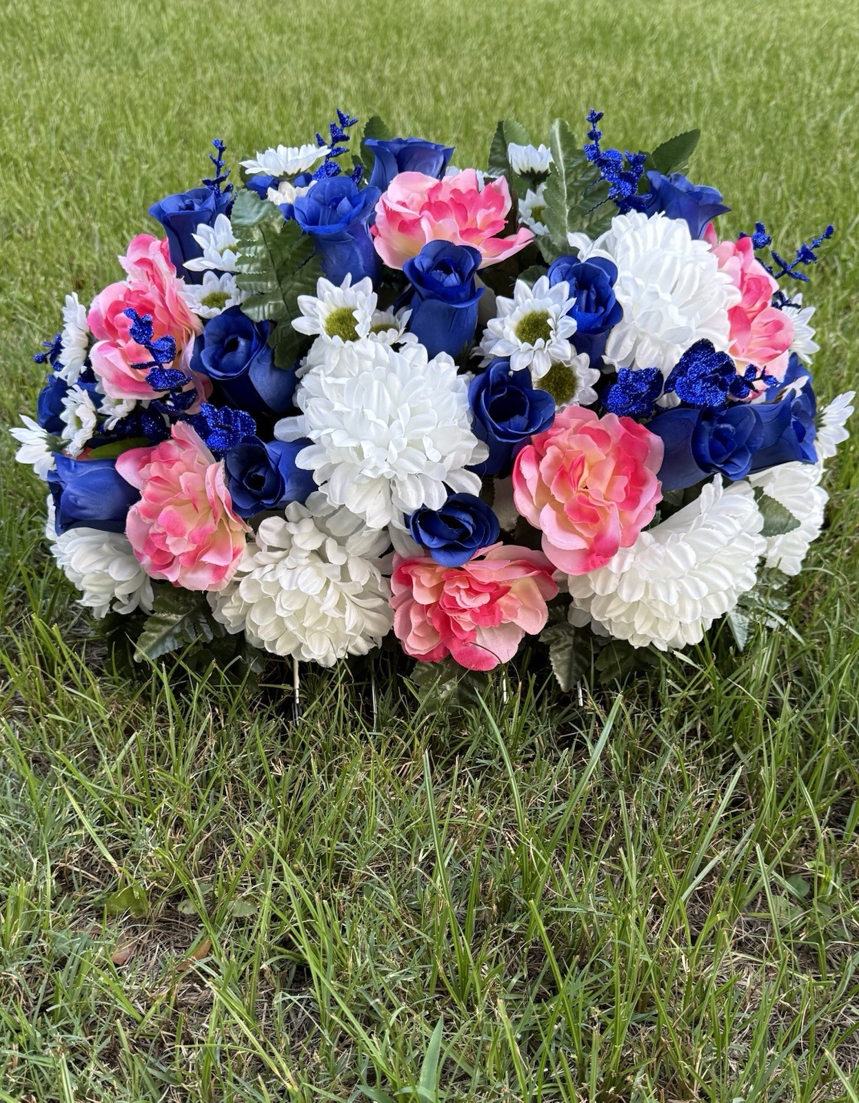 Cemetery Memorial Headstone Saddle Silk Flower Arrangement Blue & Cream