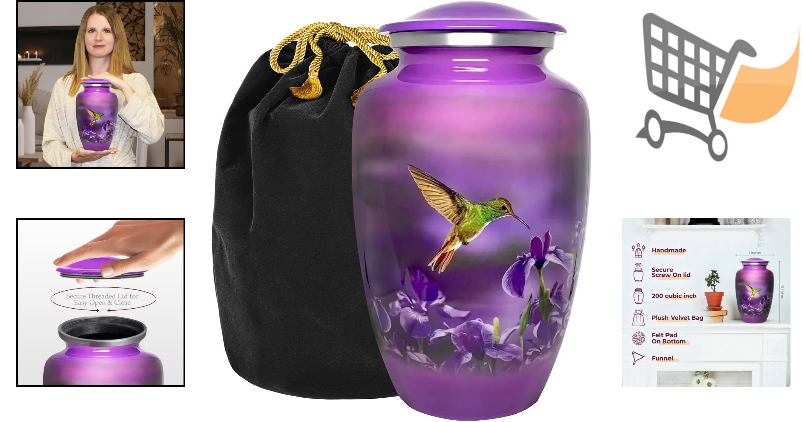 Large Aluminum Cremation Urn for Adults Hummingbird Pattern Polished 200 lb