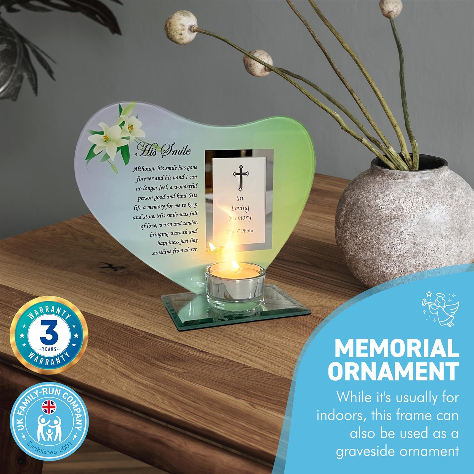 HIS SMILE glass memorial candle holder and photo frame